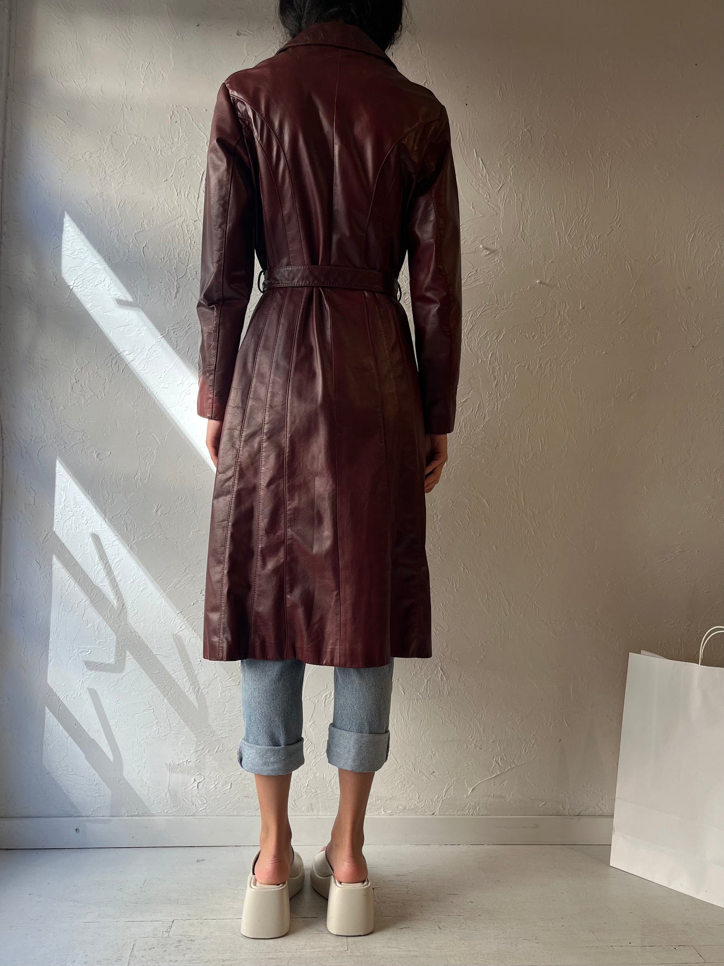 90s 'Wilsons' Burgundy Leather Trench Coat / Medium