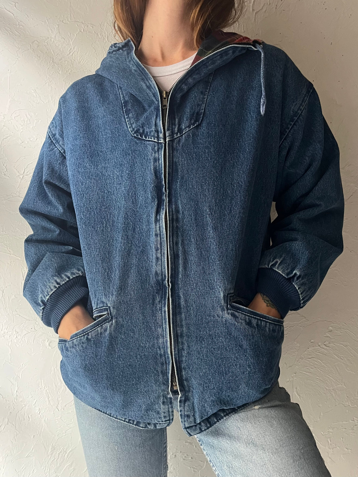 90s 'Bay Club' Plaid Lined Hooded Denim Bomber Jacket / Small