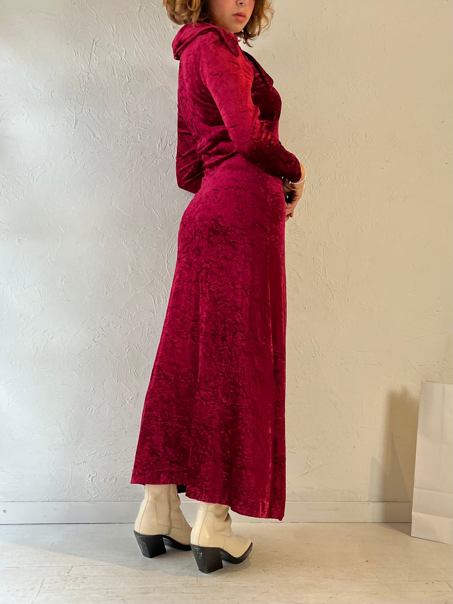 70s 'Katherines' Red Crushed Velvet Duster Dress / Small