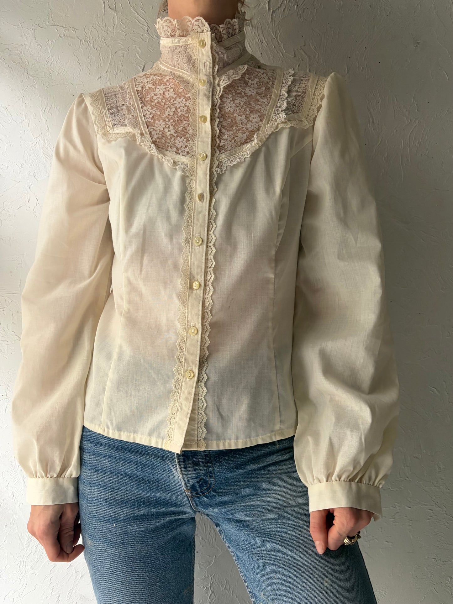 Vintage 1970s 'Gunne Sax' Cream Peasant Lace Prairie Blouse / Small