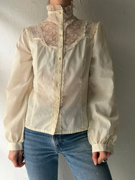 Vintage 1970s 'Gunne Sax' Cream Peasant Lace Prairie Blouse / Small