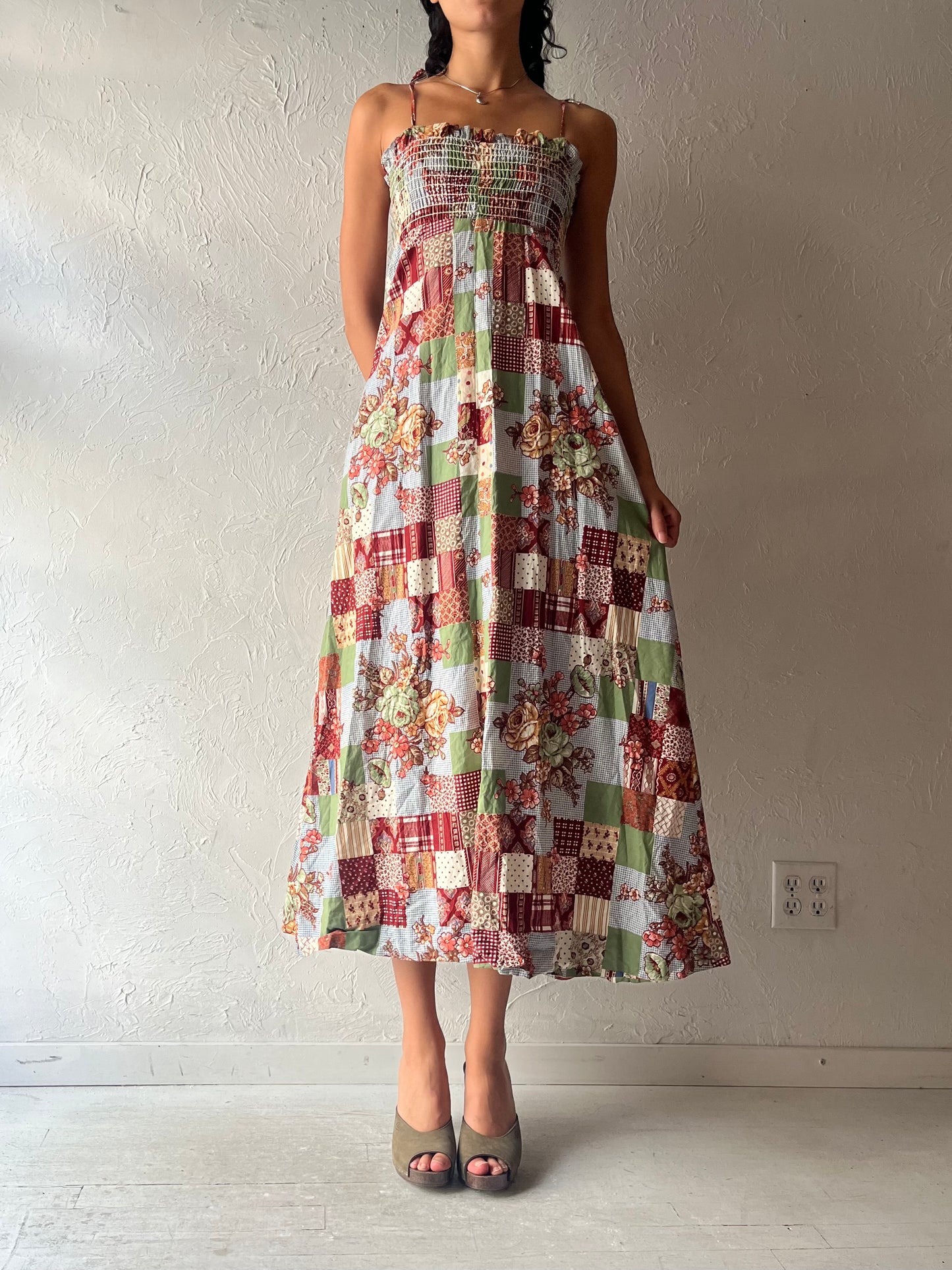 70s Smocked Elastic Hippie Maxi Dress / Small