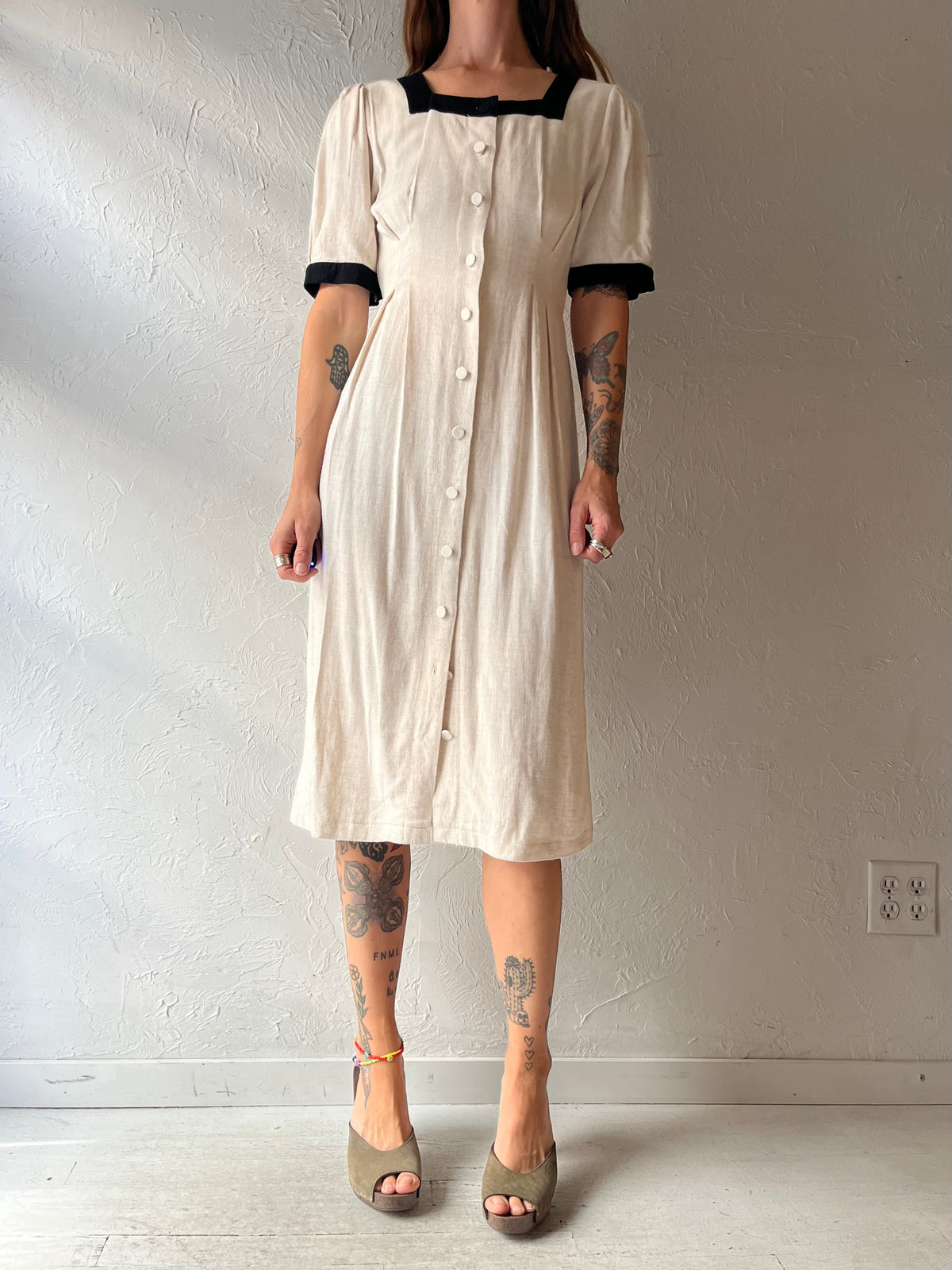 Vintage Cream Romantic Cottagecore Minimalist Button Up Midi Shirt Dress / Small