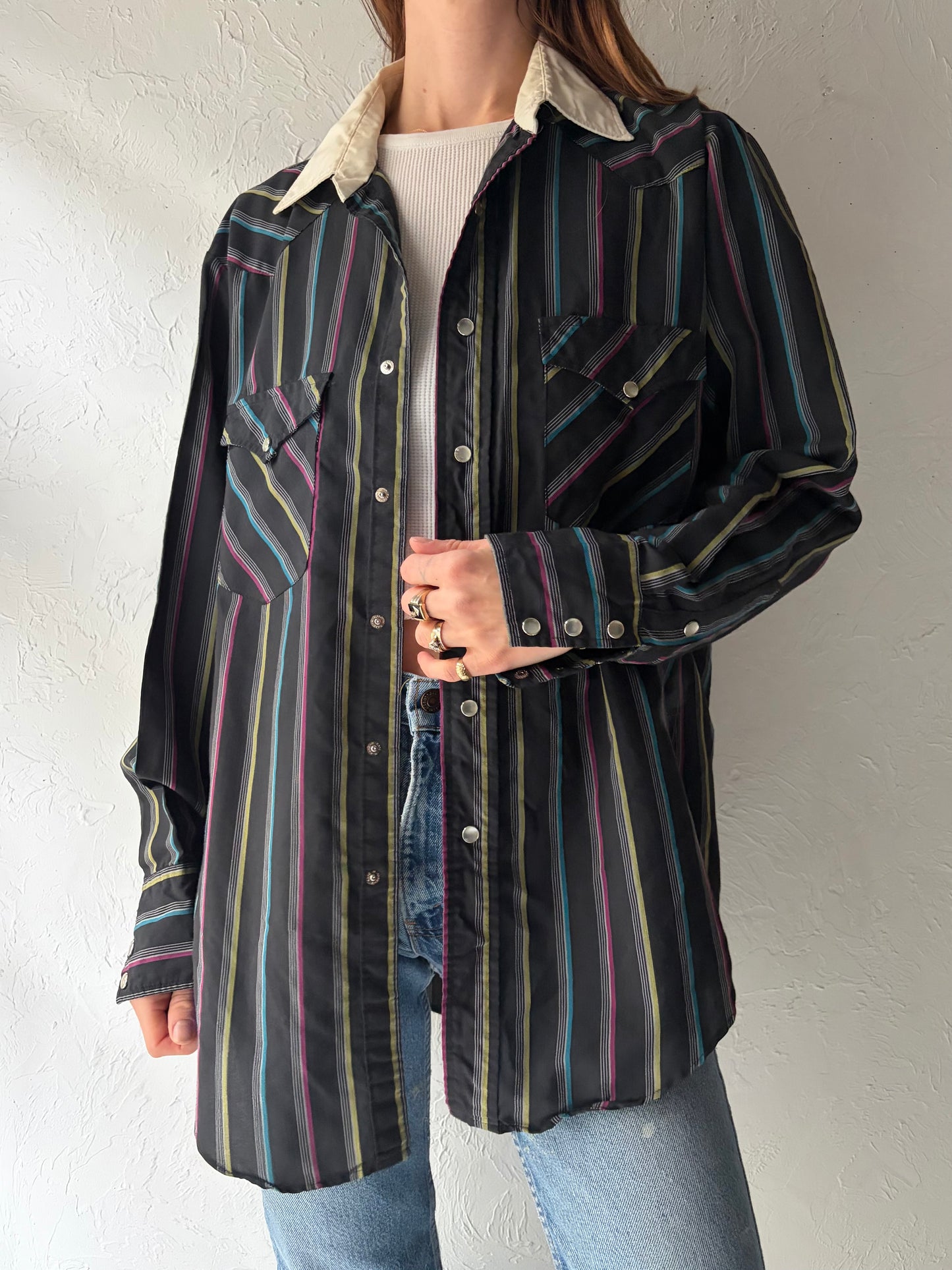 70s 'Ranch Wear' Black Striped Western Snap Up Shirt / Vintage 1970s Cowboy Workwear Shirt / Large