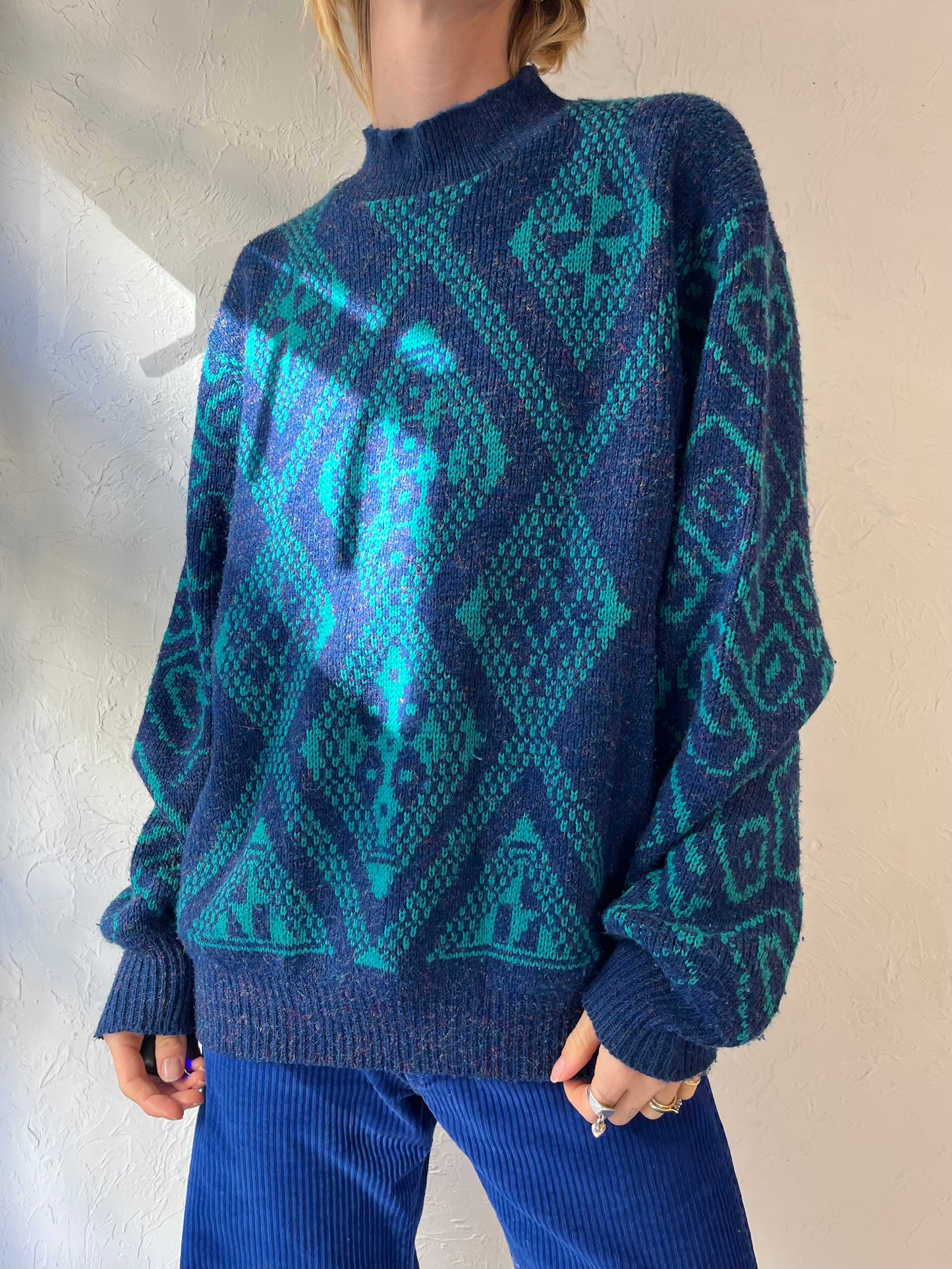 90s 'Jantzen' Blue Knit Mock Neck Sweater / Large