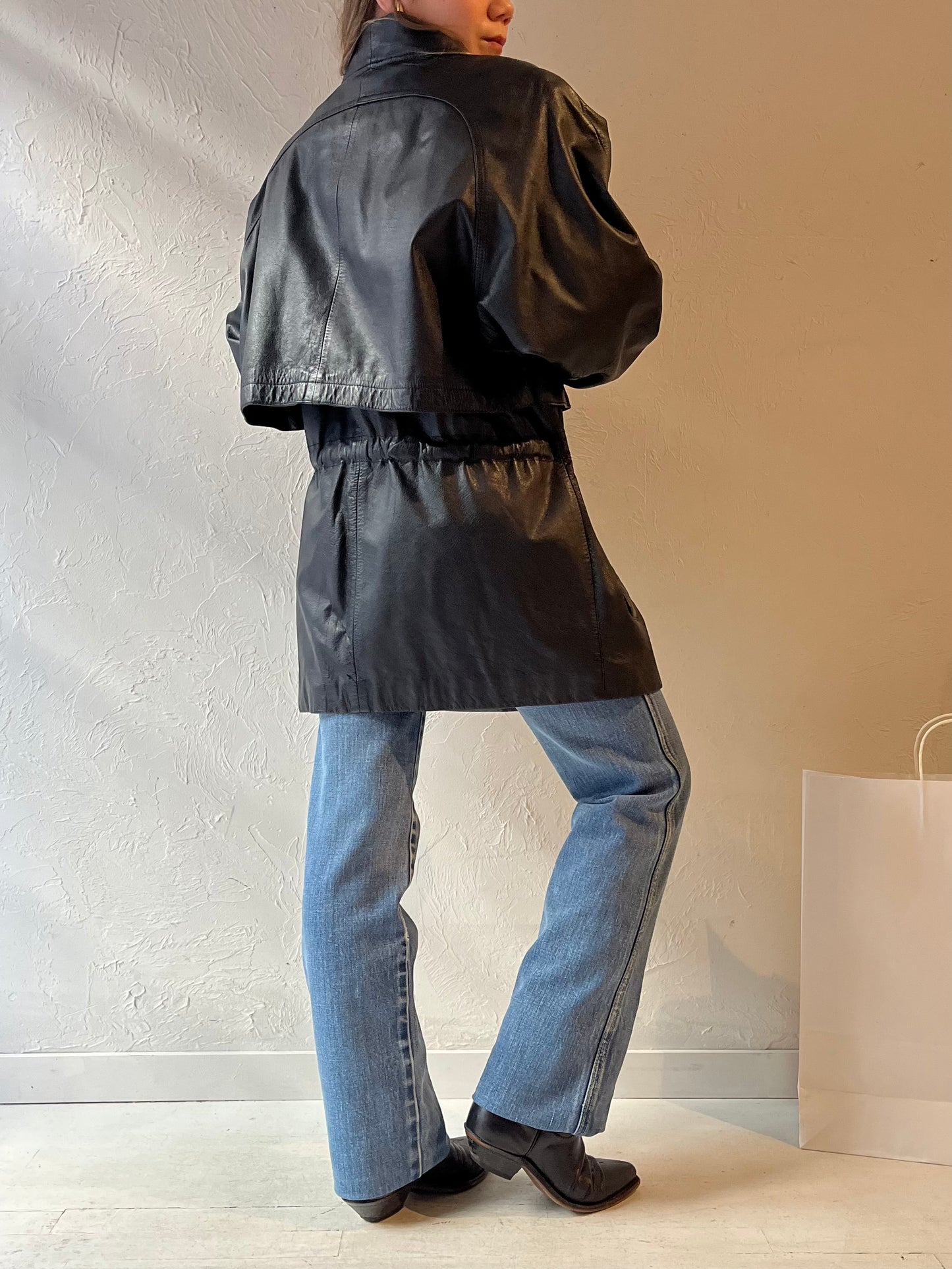 90s 'Wilsons' Black Leather Drawstring Jacket / Medium