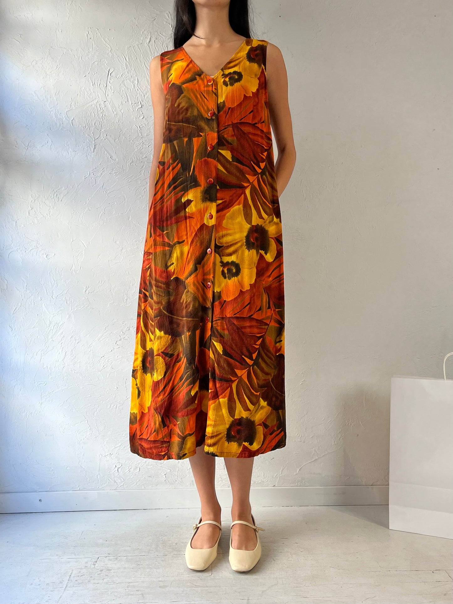 90s ‘Jams World’ Orange Floral Print Rayon Dress / Large