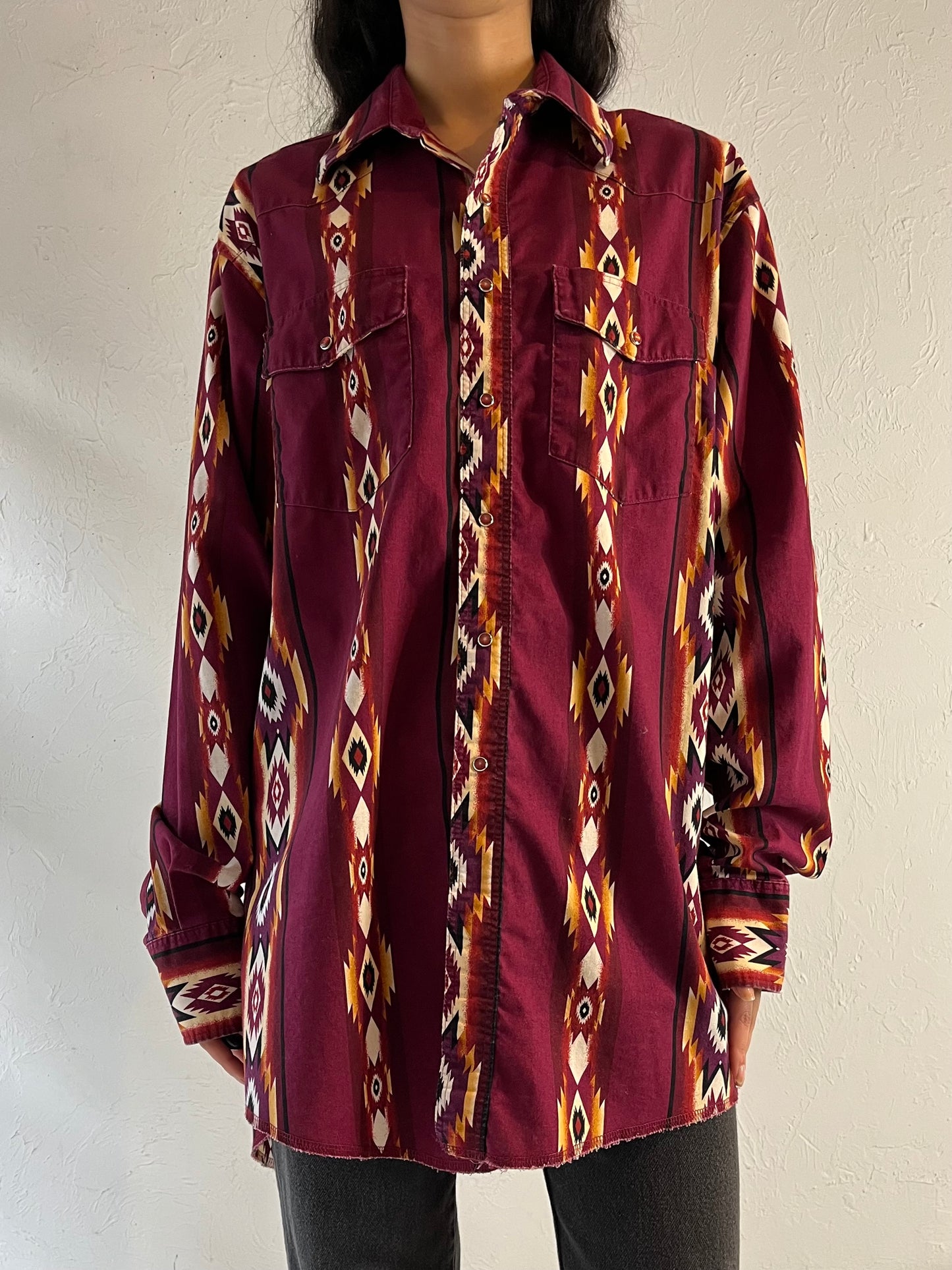 90s ‘Wrangler’ Burgundy Western Snap Up Shirt / XL