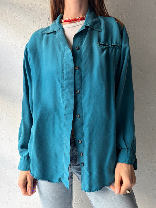 90s 'Canary Island' Blue Minimalist Silk Button Up Shirt / Vintage 1990s Normcore Blouse / Medium