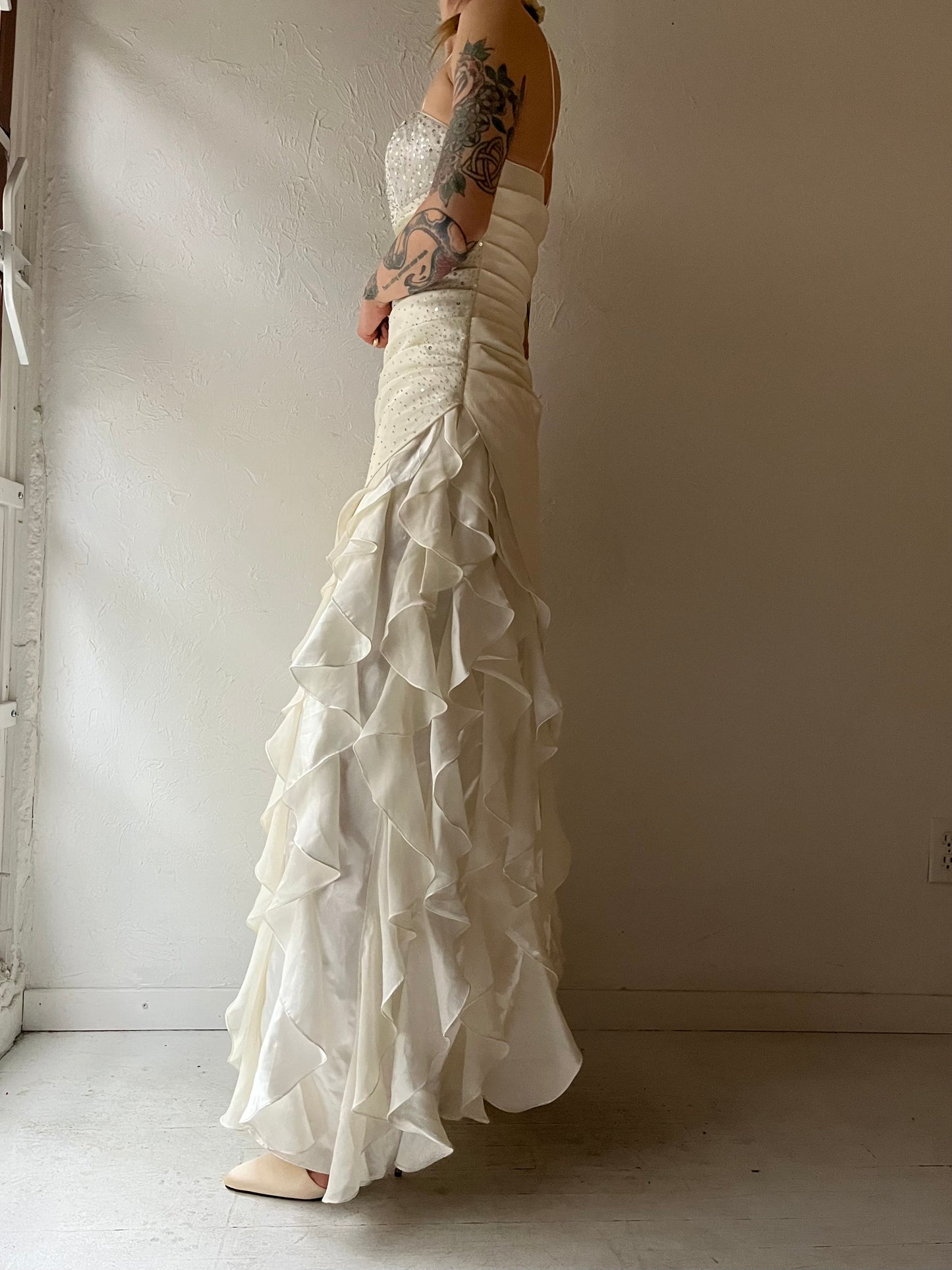 90s 'Jump' White Sequin Formal Dress / Small