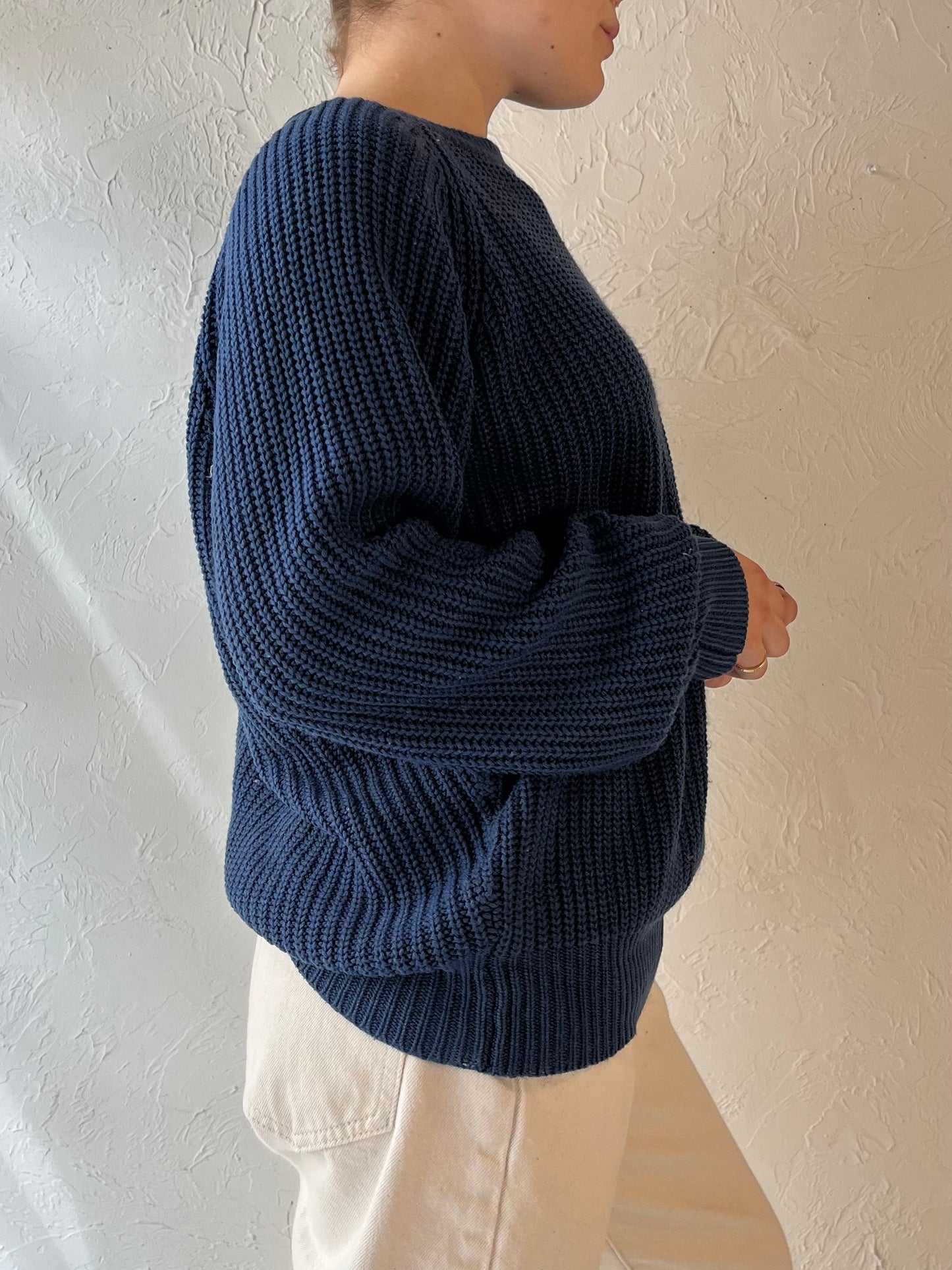 90s 'Club Europe' Blue Acrylic Knit Sweater / Medium