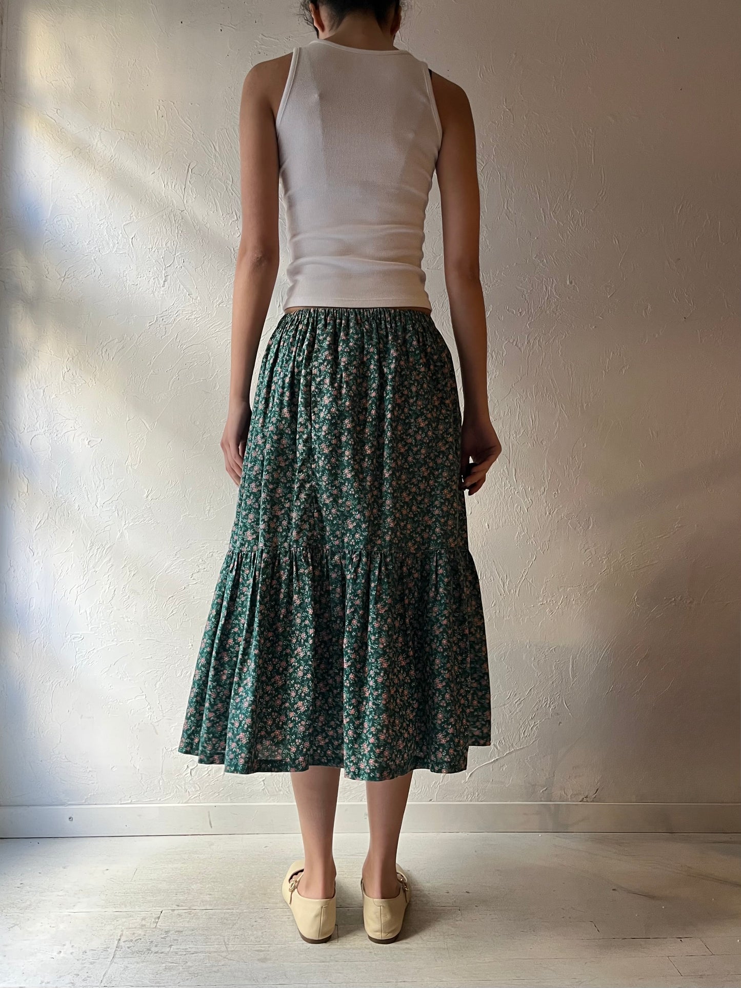 Vintage Handmade Green Cotton Floral Skirt / Small