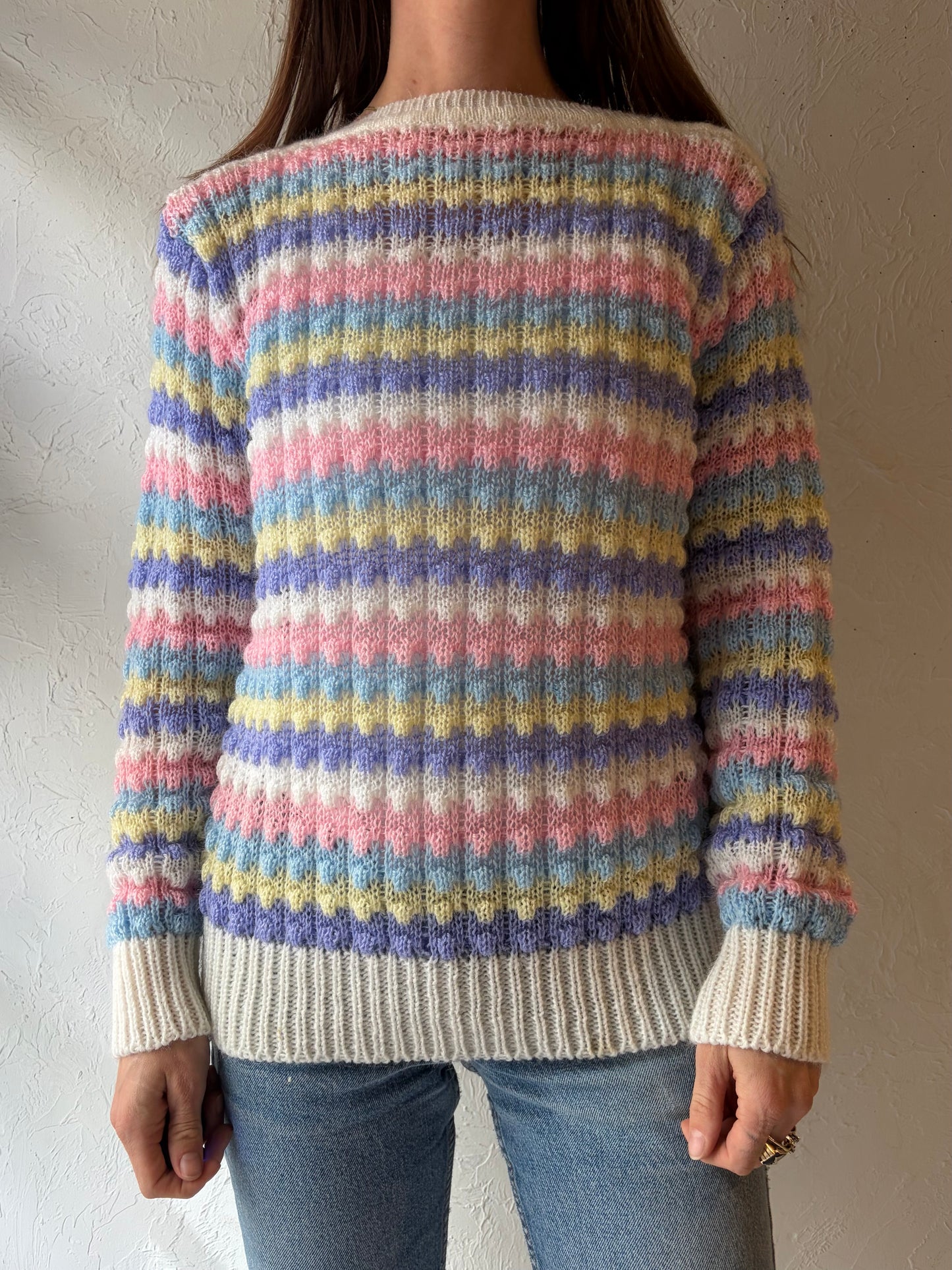 80s 'Liz Moody' Pastel Rainbow Striped Acrylic Knit Sweater / Medium