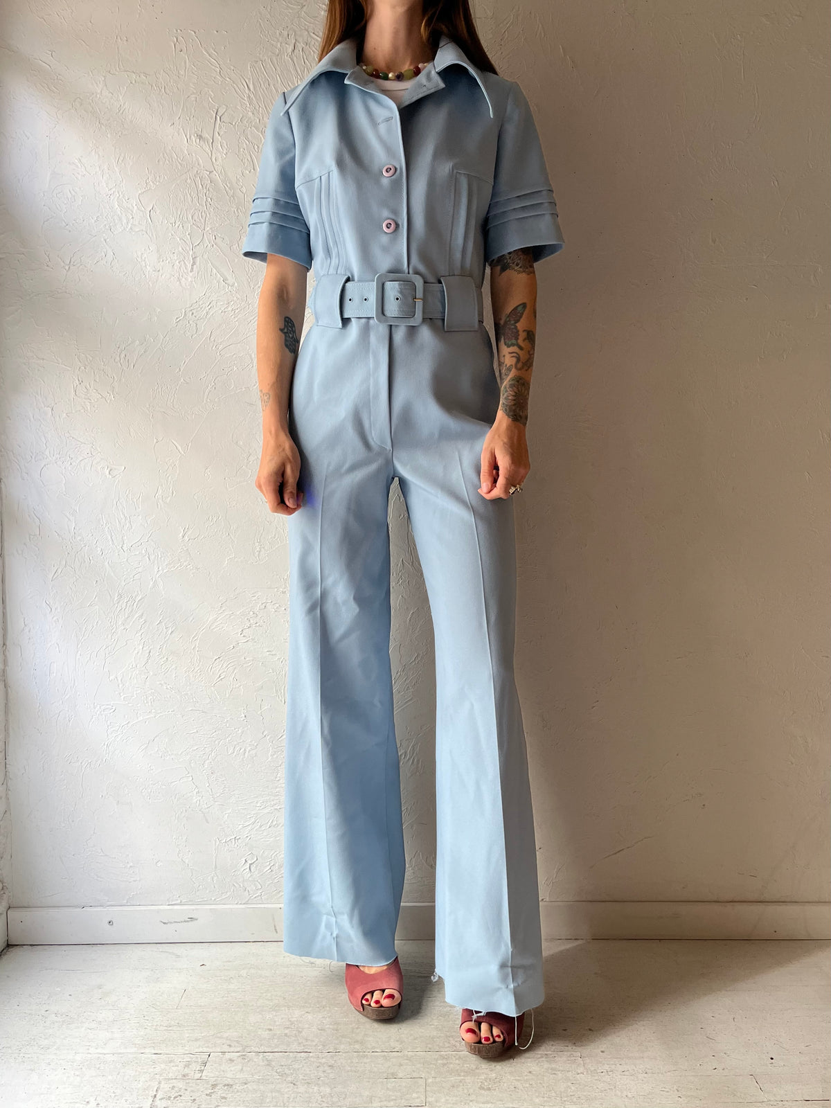70s 'Billie Jo' Powder Blue Belted Wide Leg Jumpsuit / Retro Mod Short Sleeve Disco Utility Boilersuit / Small