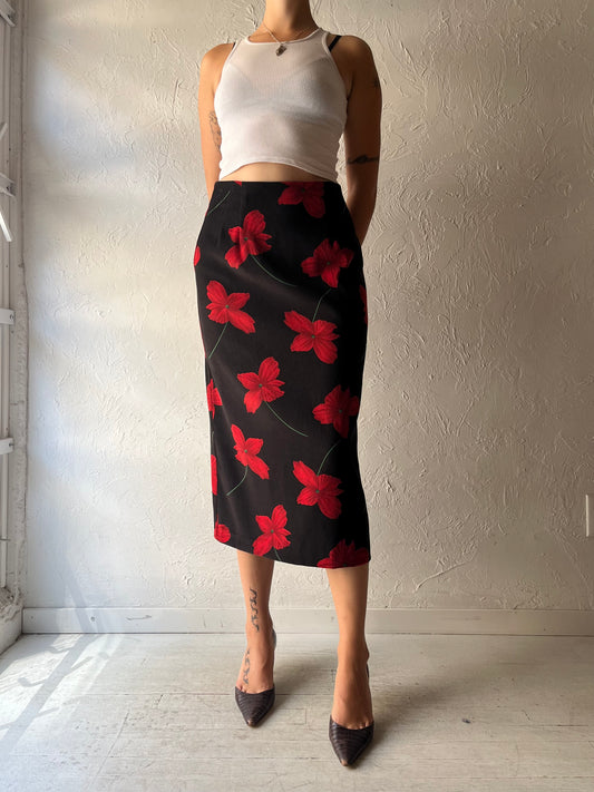 90s 'Briggs' Black Floral Minimalist Office Dark Academia Pencil Midi Skirt / Small