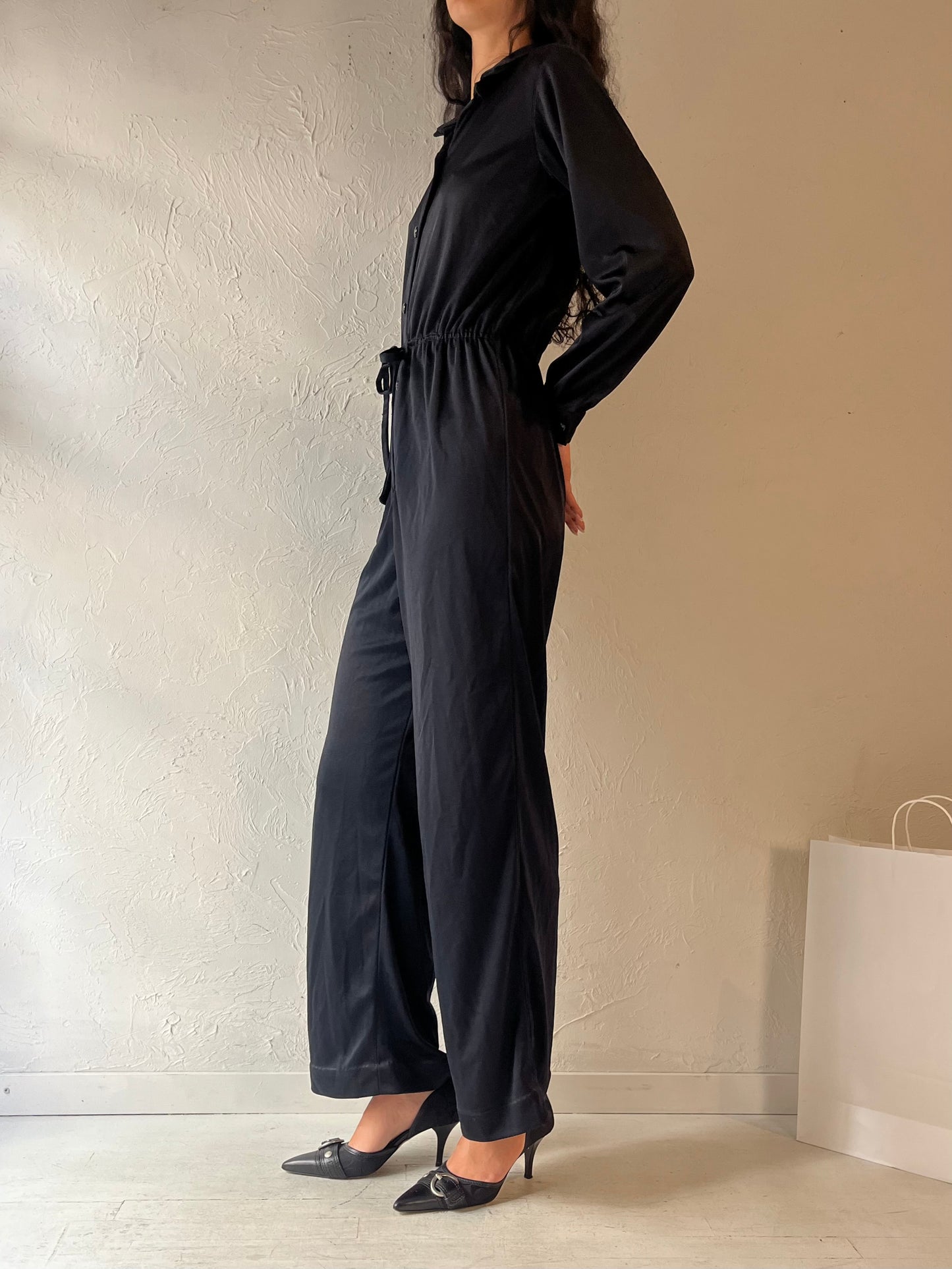 Vintage Handmade Black Silky Jumpsuit / Small