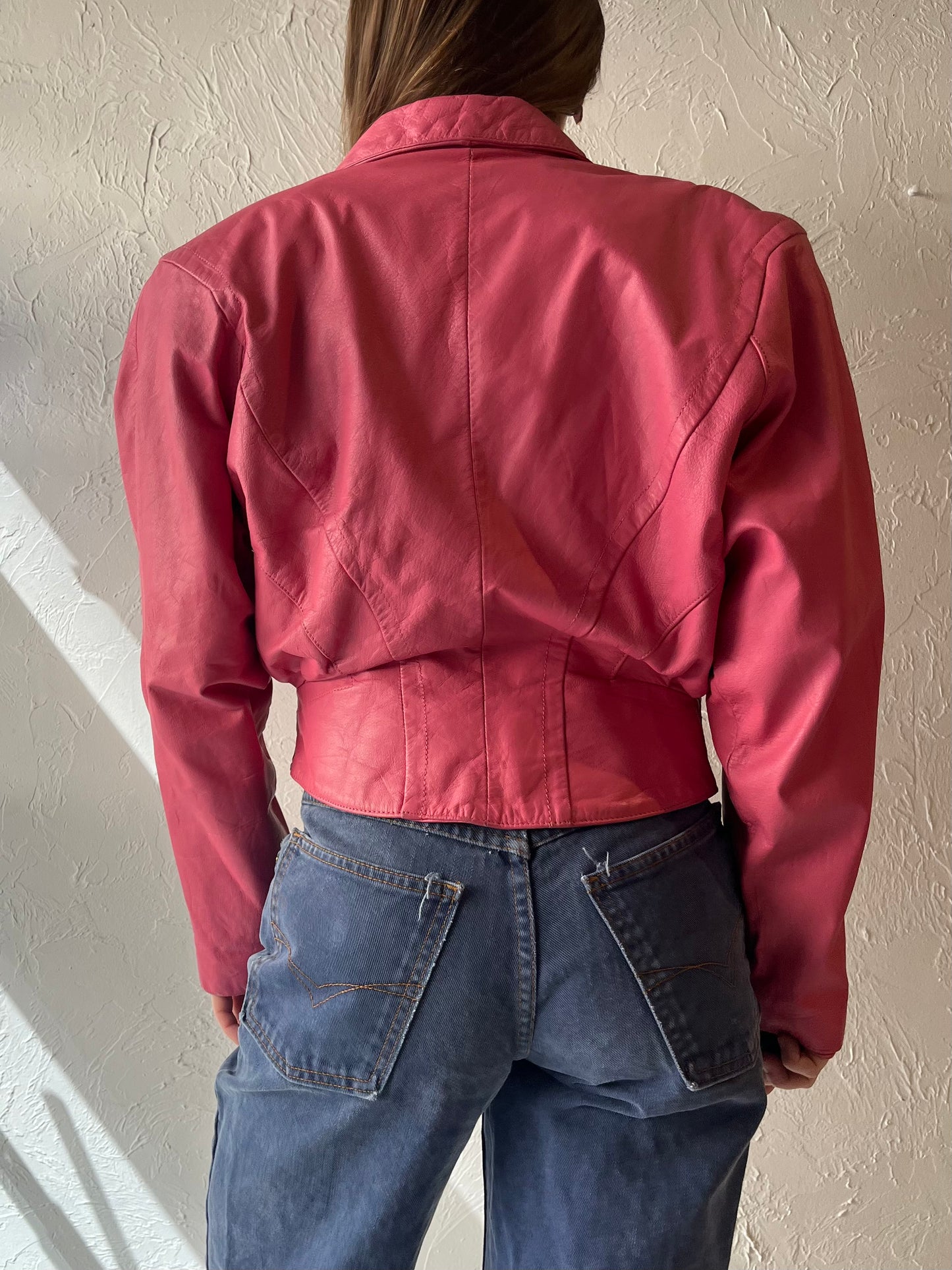 80s 'Chia' Pink Leather Bomber Jacket / Small