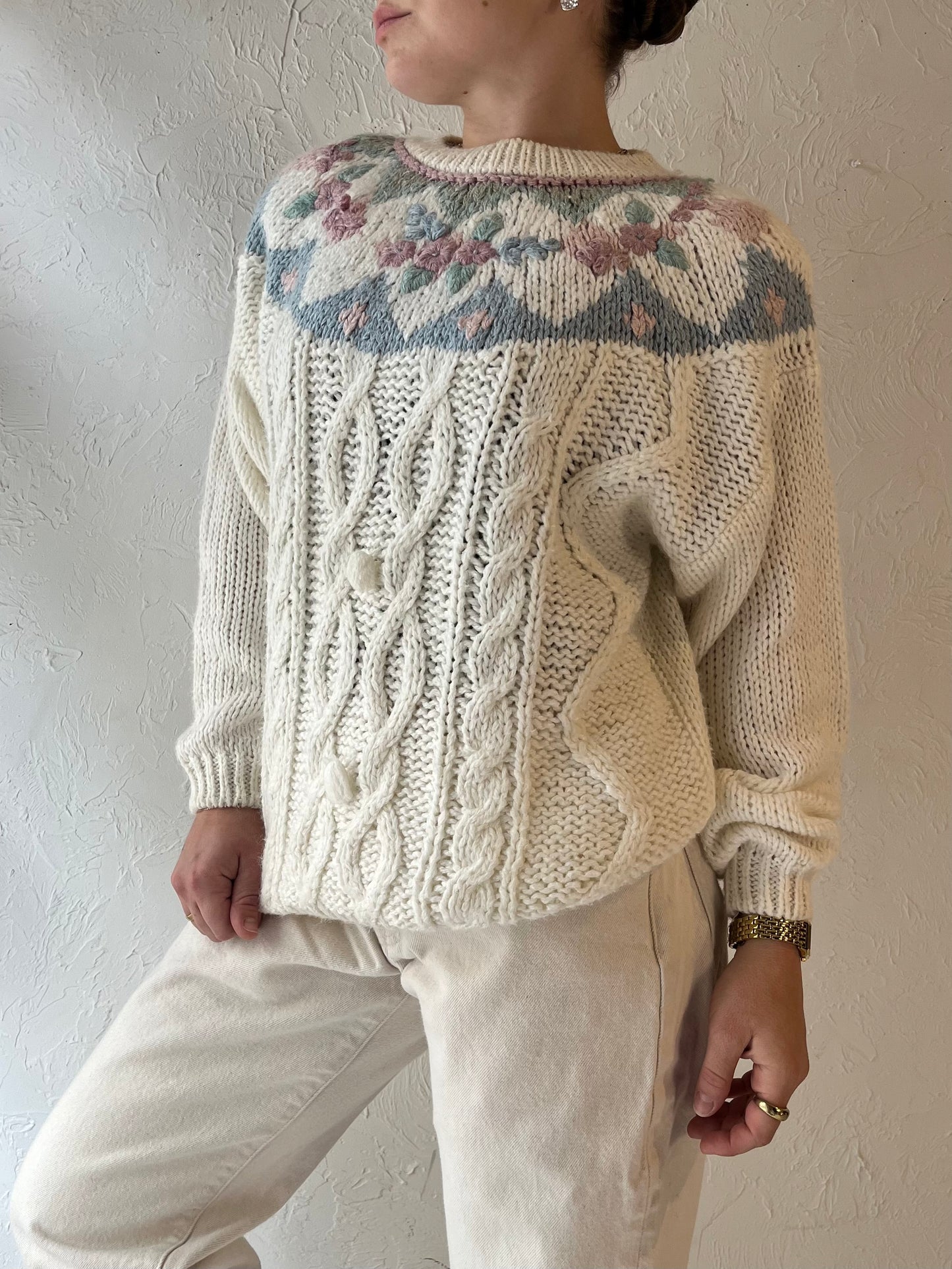 90s 'Needles & Yarn' Floral Knit Sweater / Medium