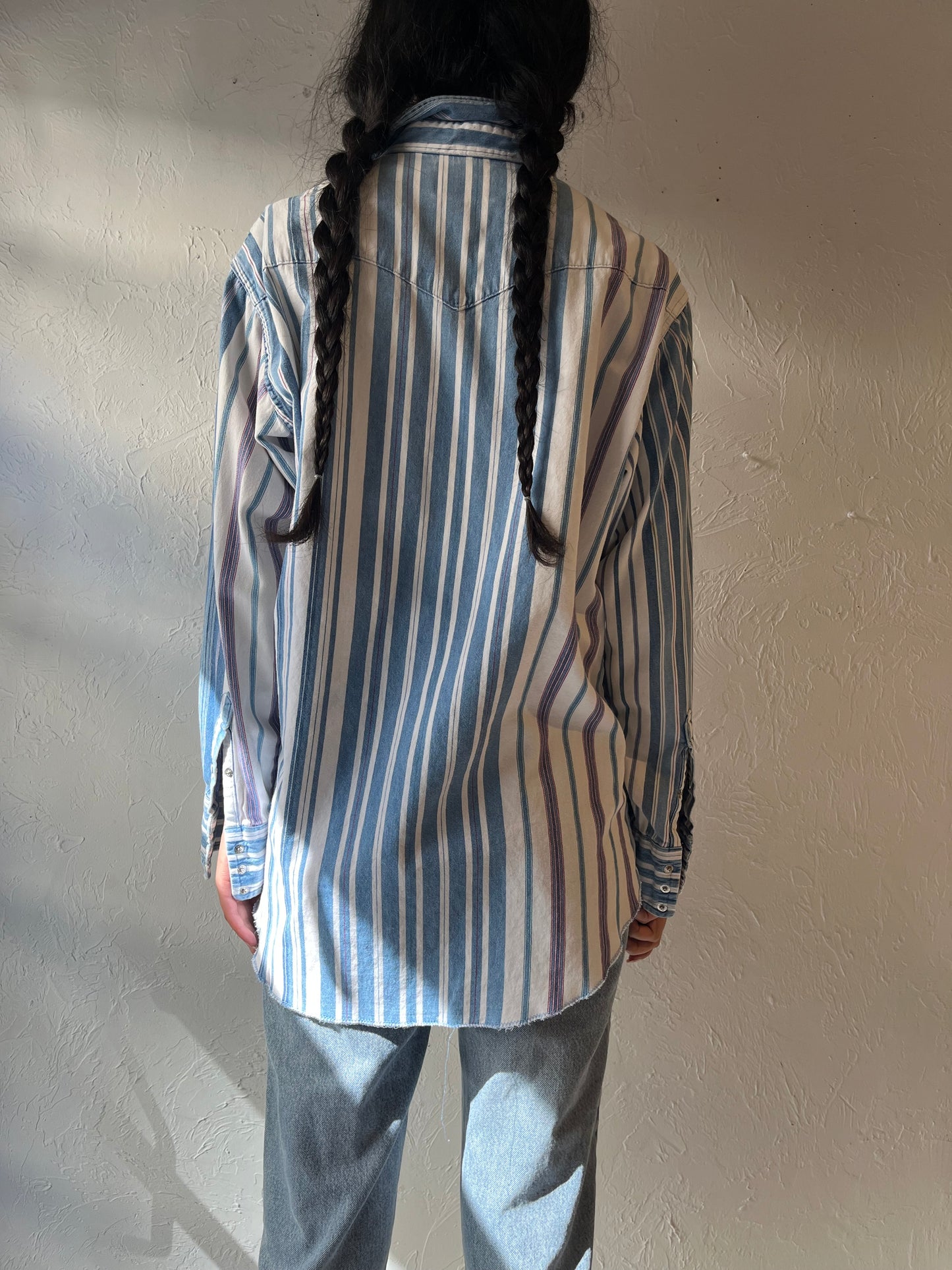 90s 'Wrangler' Blue Striped Snap Up Shirt / Large