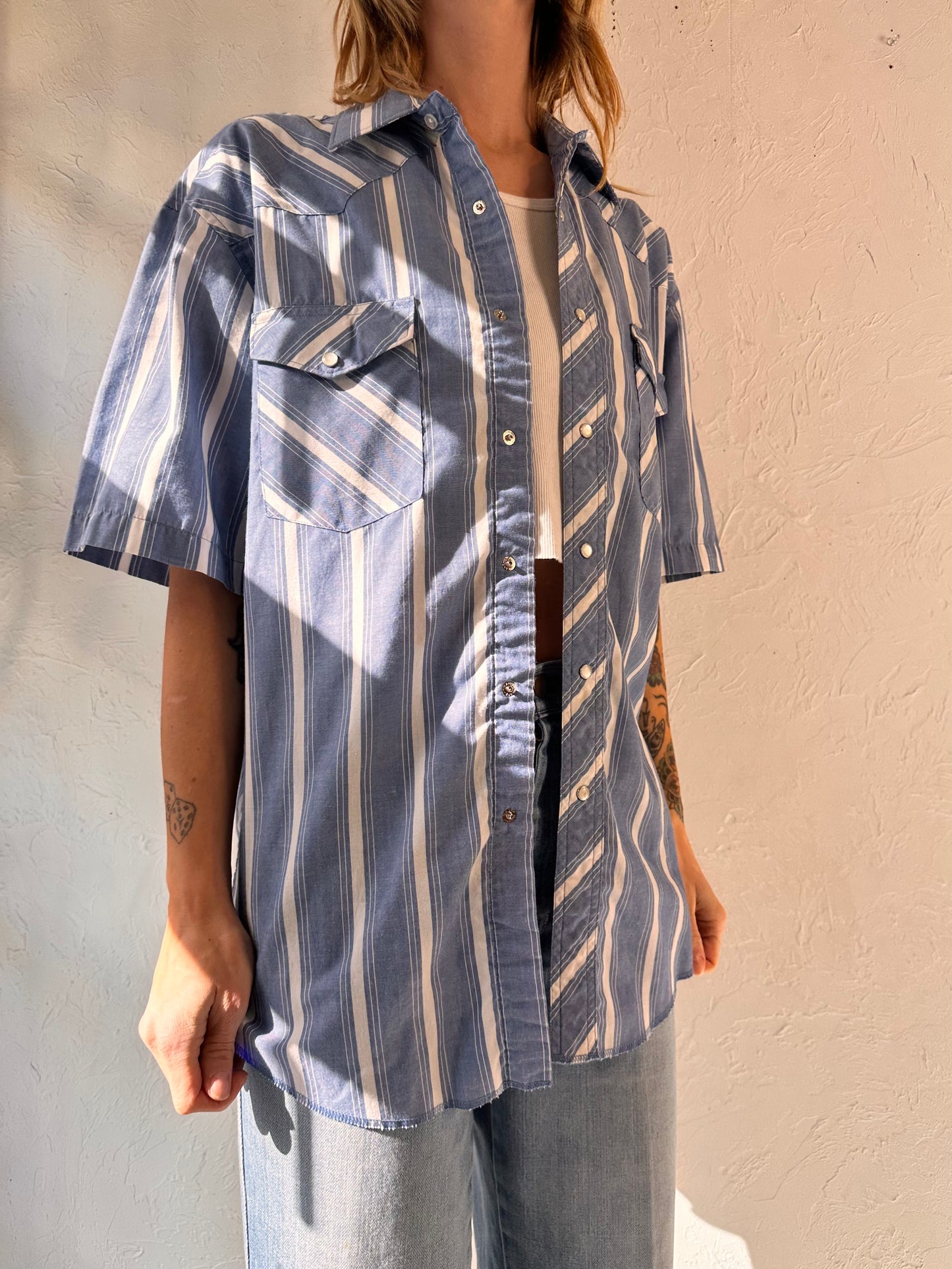 Y2k 'Wrangler' Blue White Striped Pearl Snap Shirt / Medium