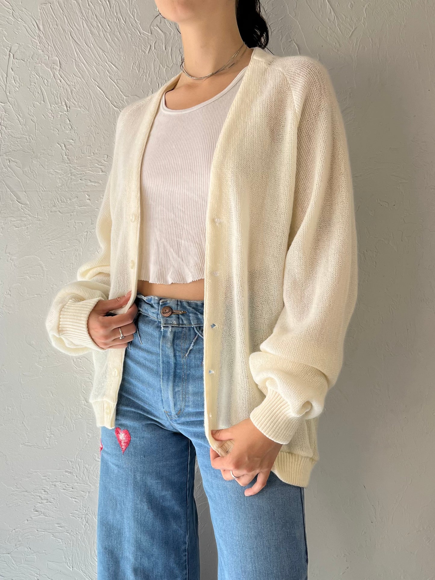 90s 'Jantzen' White Acrylic Mohair Cardigan Sweater / Medium