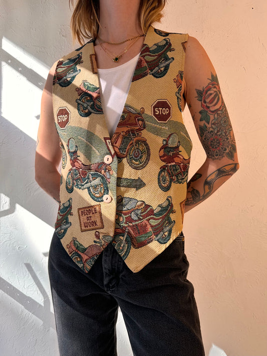 90s 'Facets' Motorcycle Tapestry Vest / Small