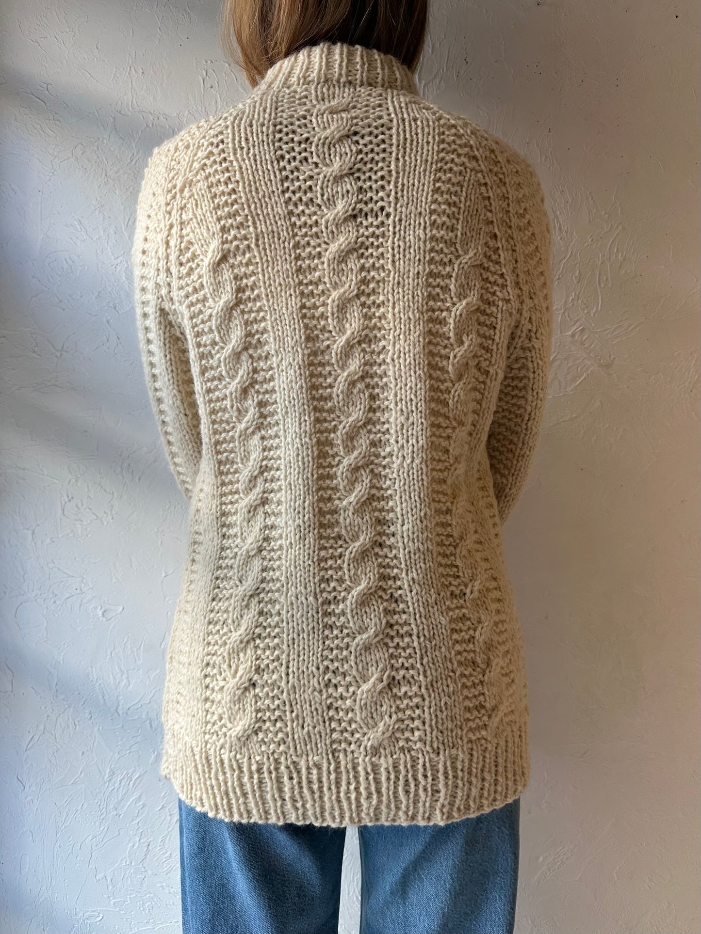 Vintage Cream Wool Cable Knit Fisherman’s Sweater / Large