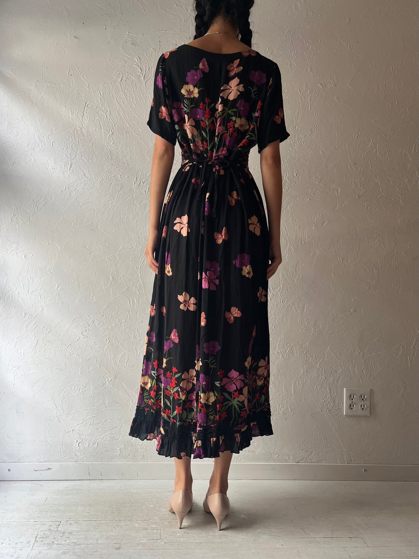 90s 'Papaya Moon' Floral Print Maxi Dress / Large