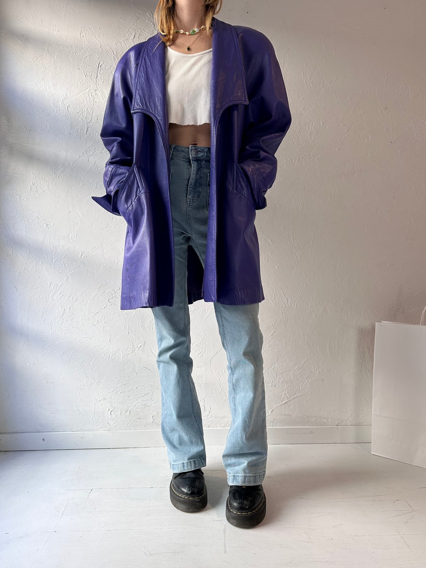 80s 'Club Prive' Purple Oversized Leather Jacket / Medium