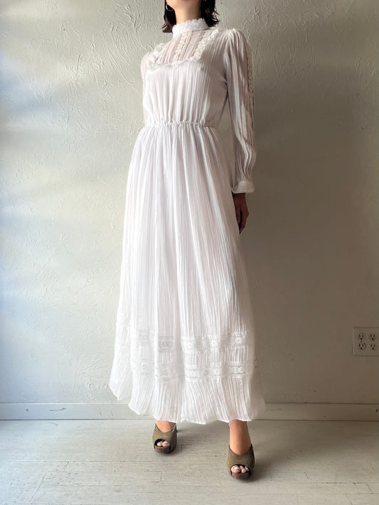 70s 'Souffle' White Romantic Prairie Girl Summer Maxi Dress / Vintage 1970s Boho Hippie Long Sleeve Dress / Small - Medium