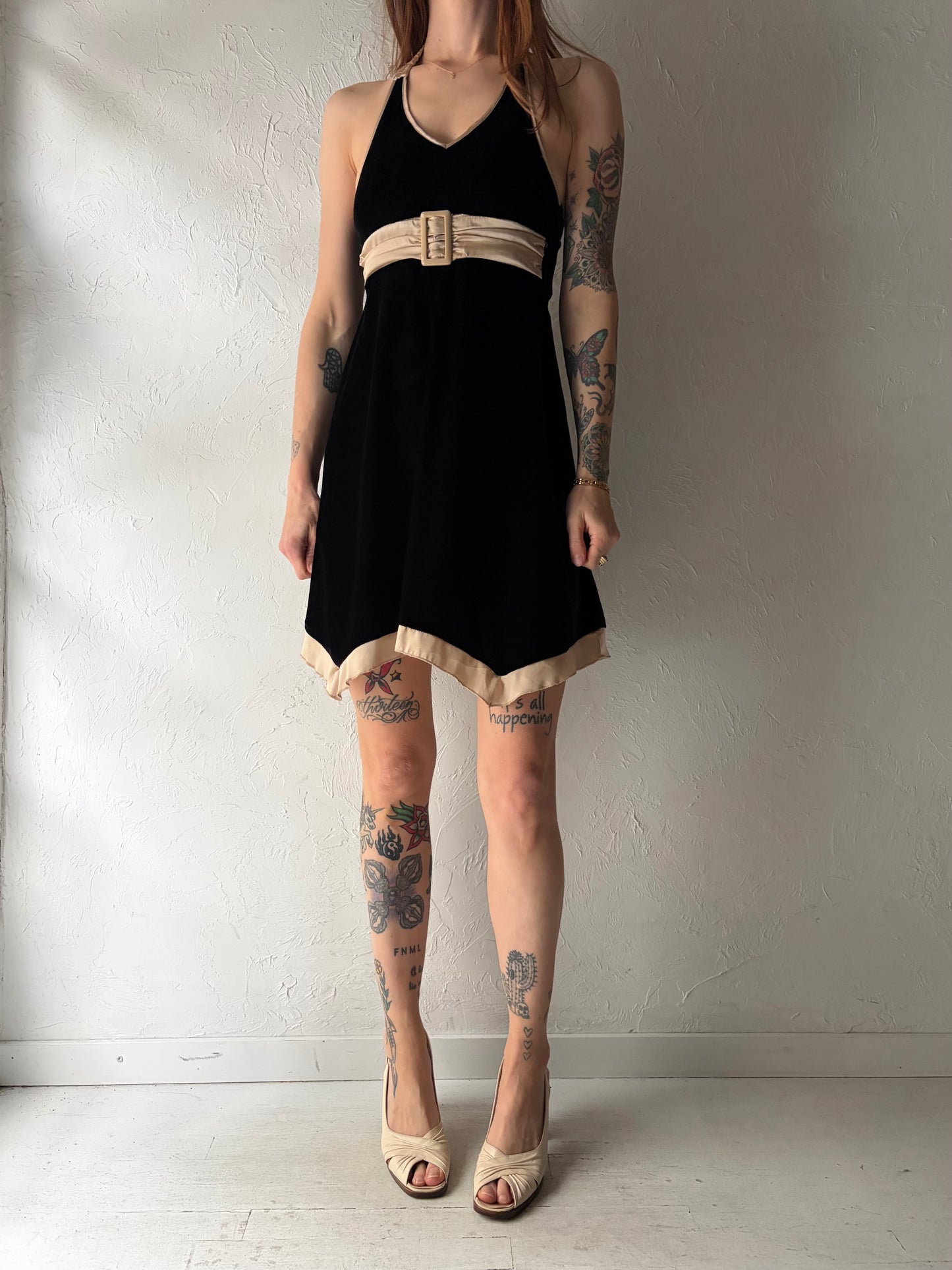 Y2k Black Velvet Halter Mini Dress / Vintage 2000s Gothic Party Dress / XS