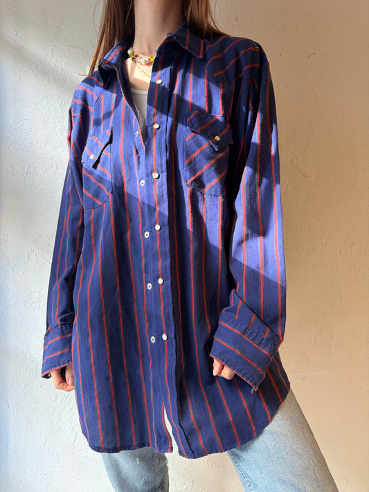 Y2k 'Western Craft' Blue Striped Snap up Western Shirt / Large