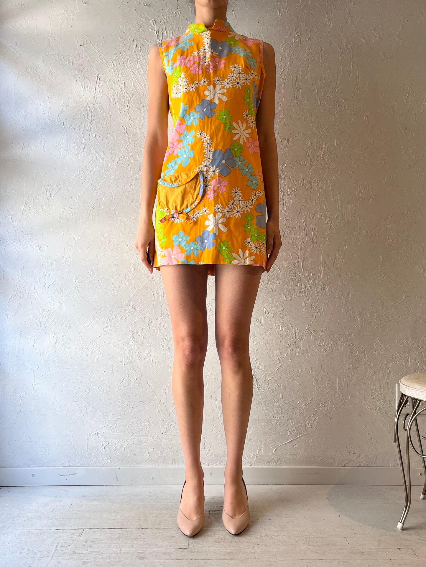 70s Handmade Floral Retro Mod Micro Mini Summer Dress / Small