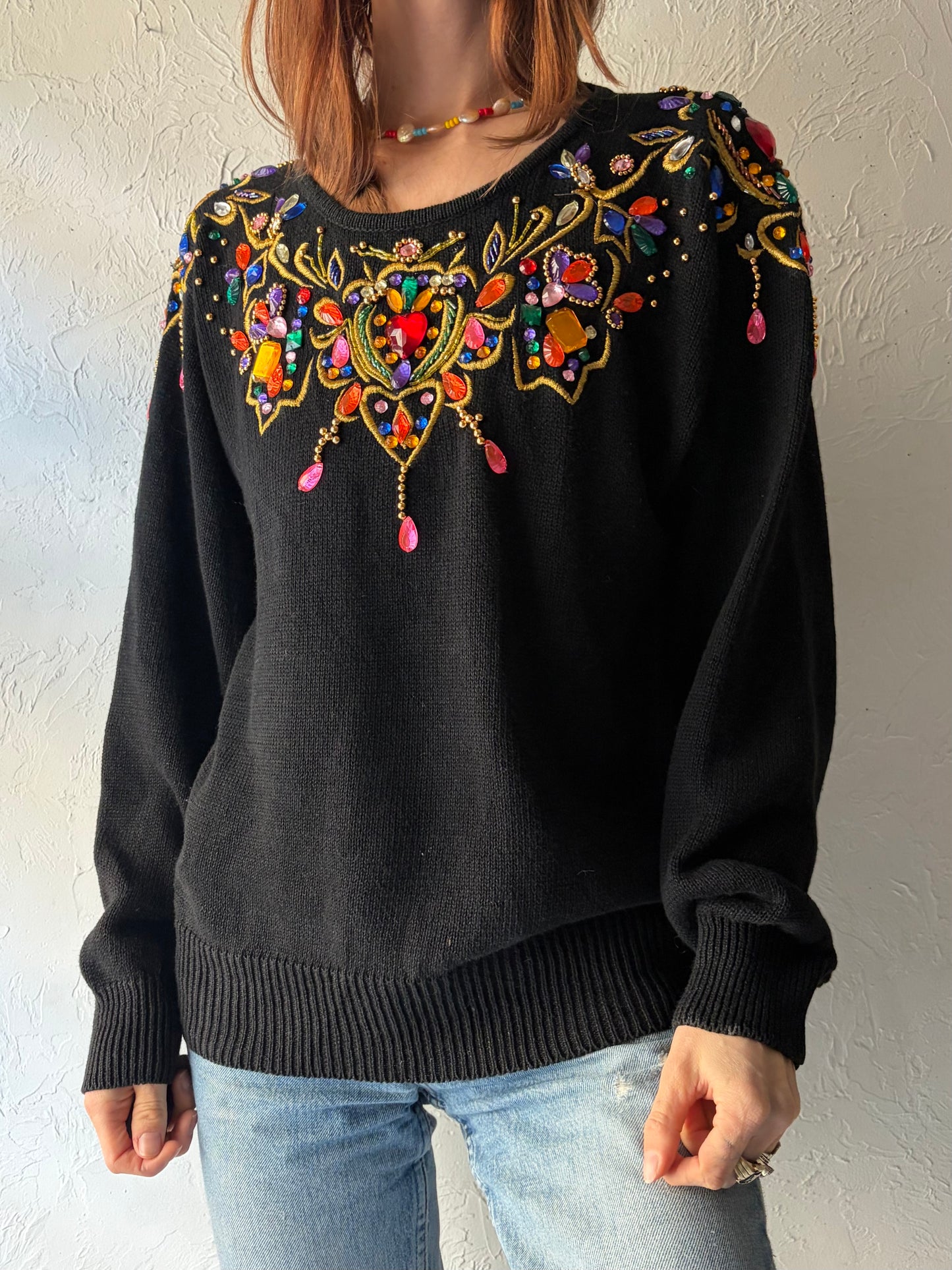 90s 'Lindsey Blake' Black Embellished Sweater / Large
