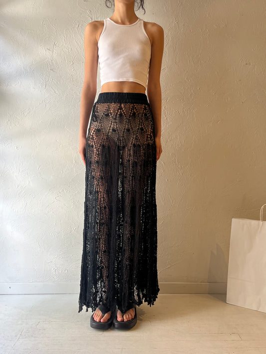 90s ‘Effect’ Black Cotton Mesh Maxi Skirt / Medium