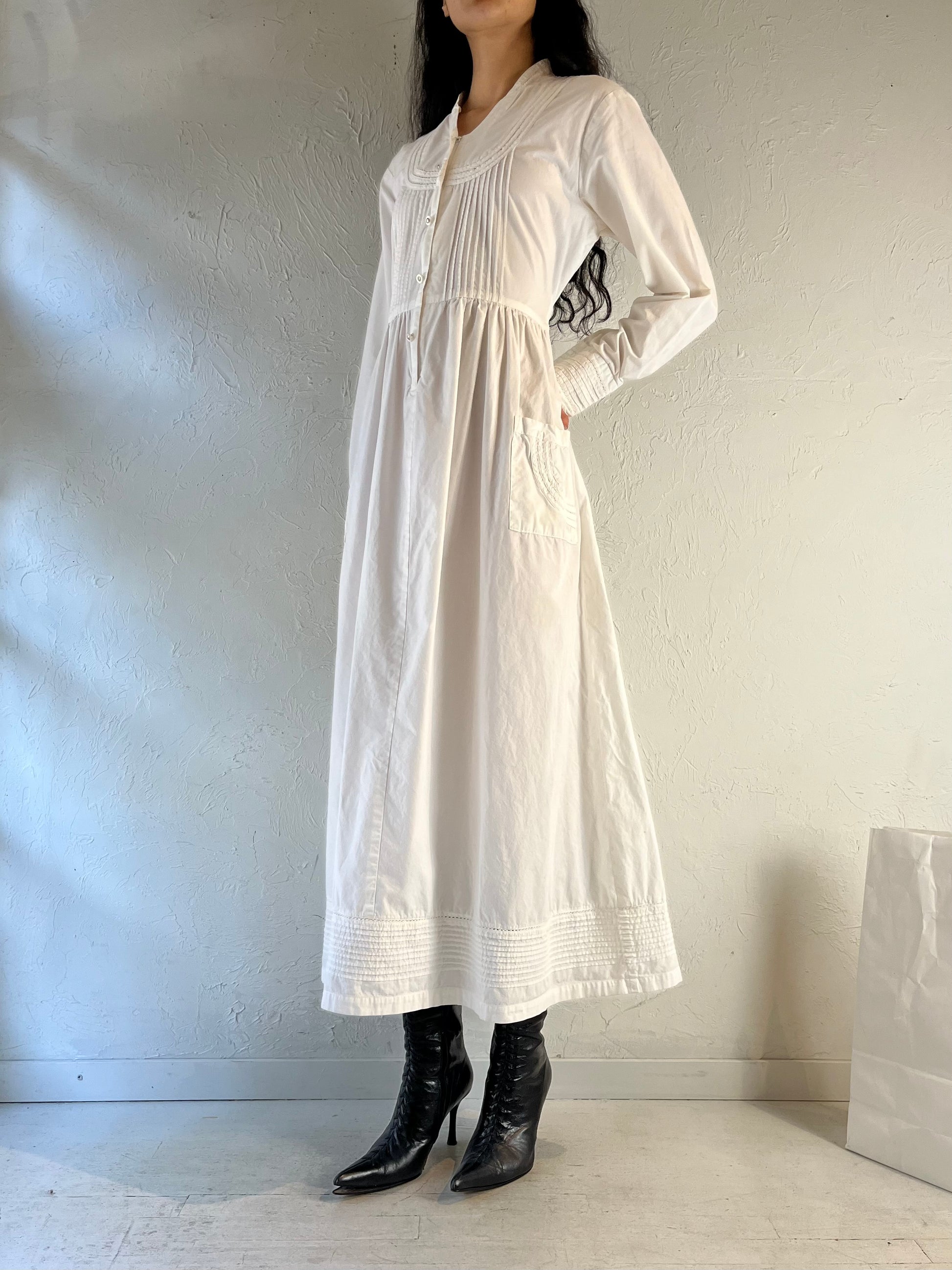 90s ‘Dressed In White’ Long Sleeve White Cotton Dress / Medium