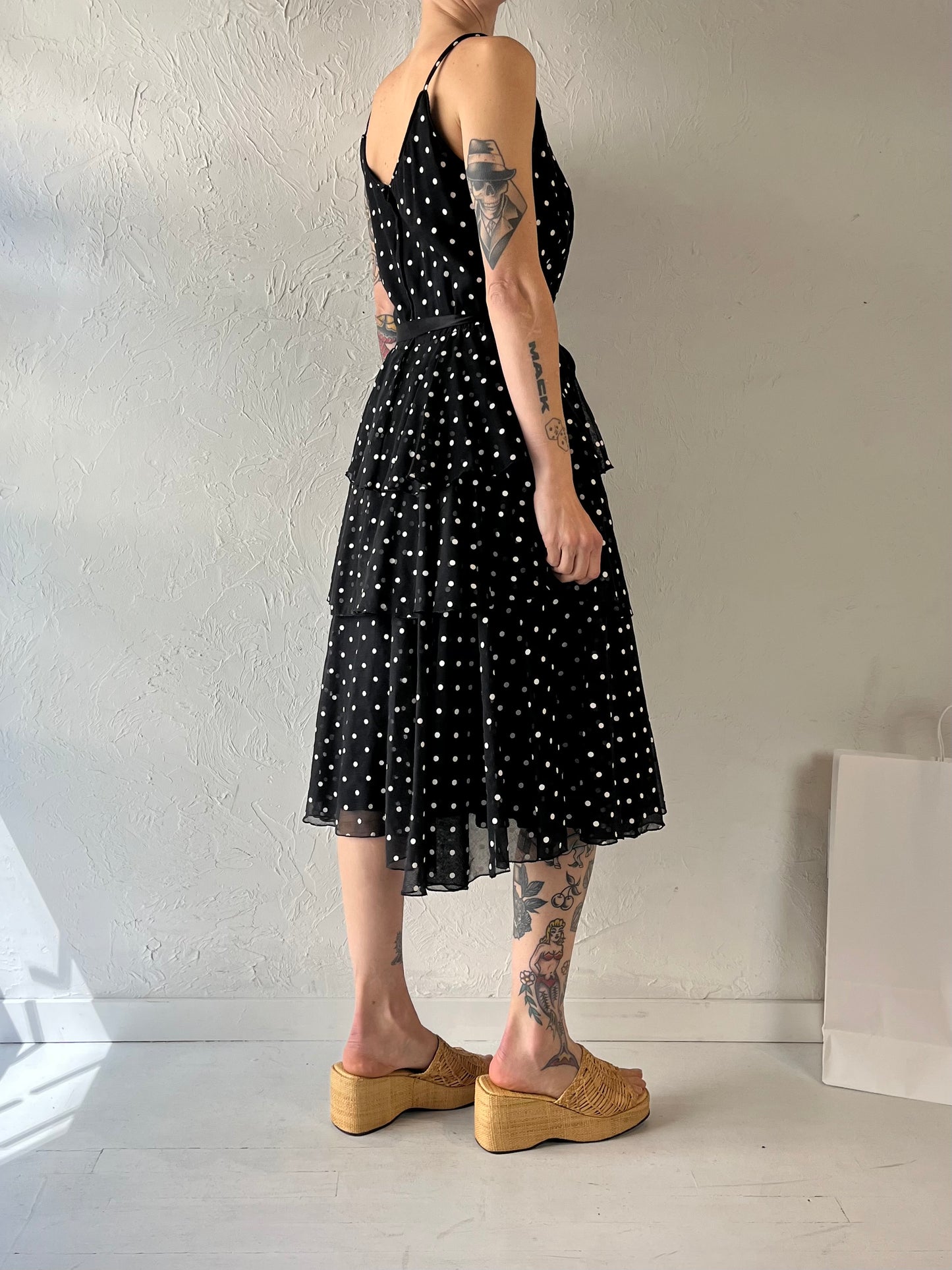 90s 'JB' Black Polka Dot Ruffle Dress / Small