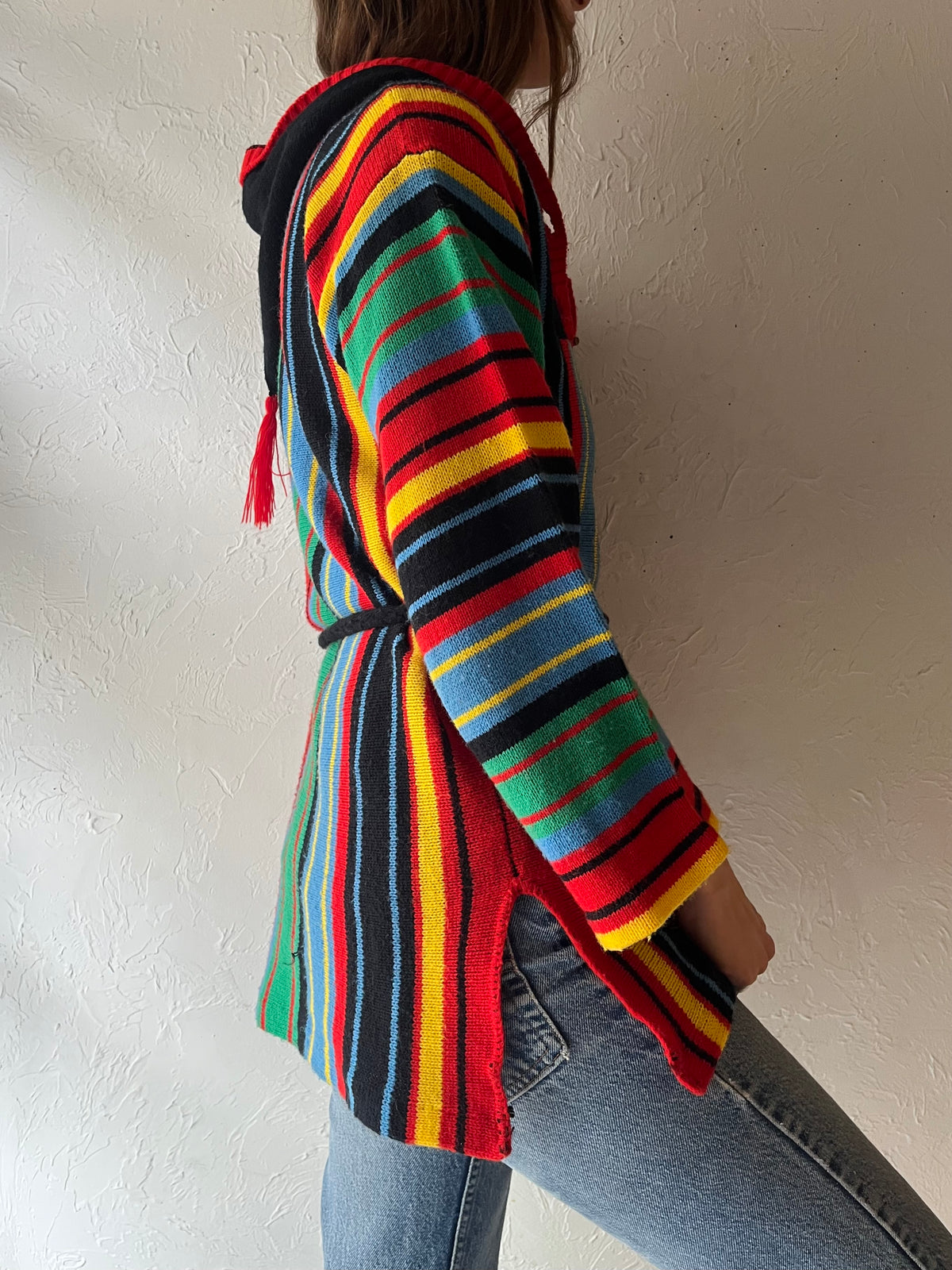 70s Vintage Rainbow Striped Baja Hoodie Boho Hippie Bell Sleeve Sweater / Small
