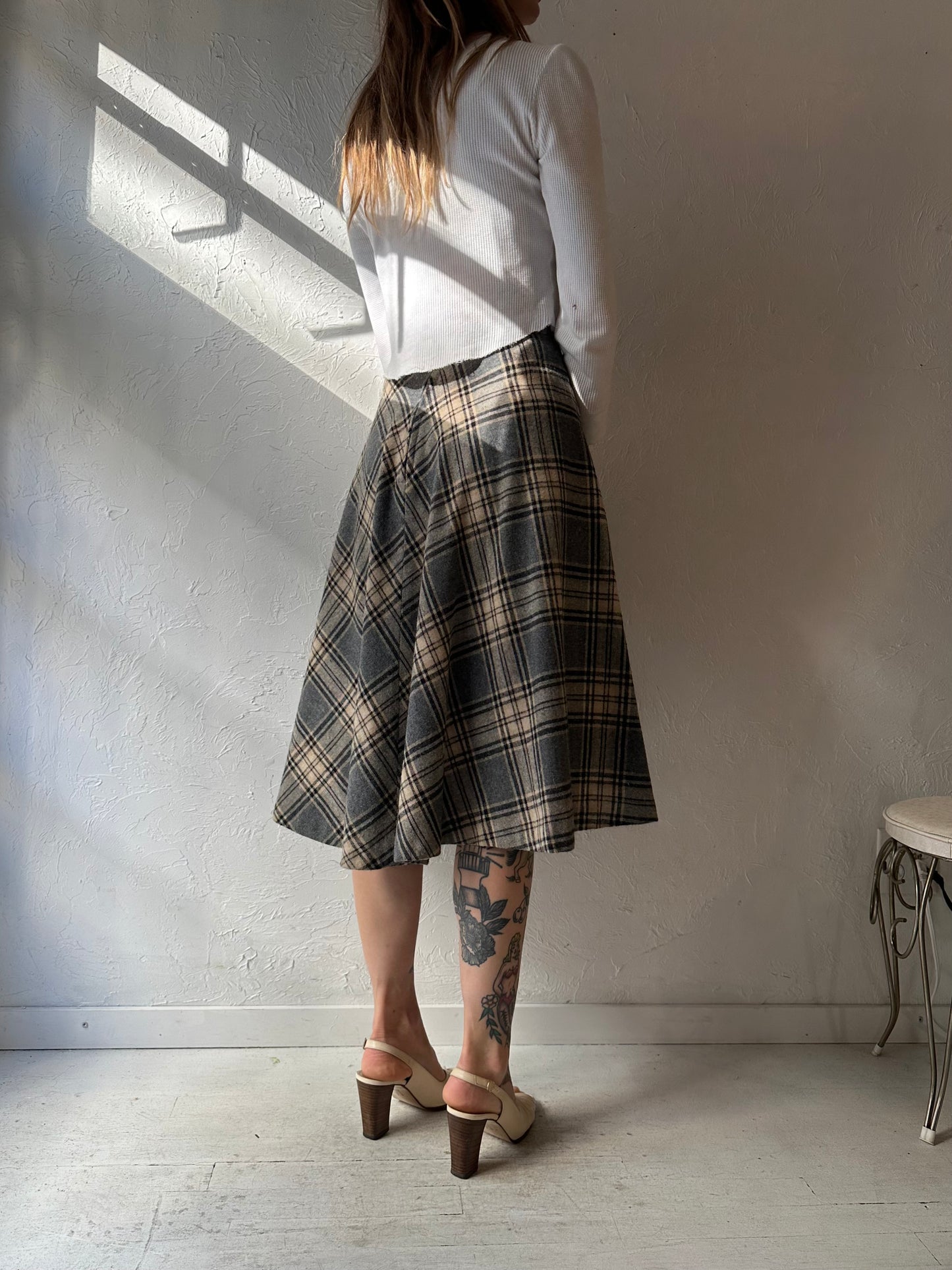 70s Plaid Wool Midi Skirt / XS