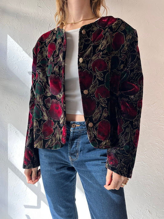 90s 'Alia' Velvet Floral Print Jacket / Large