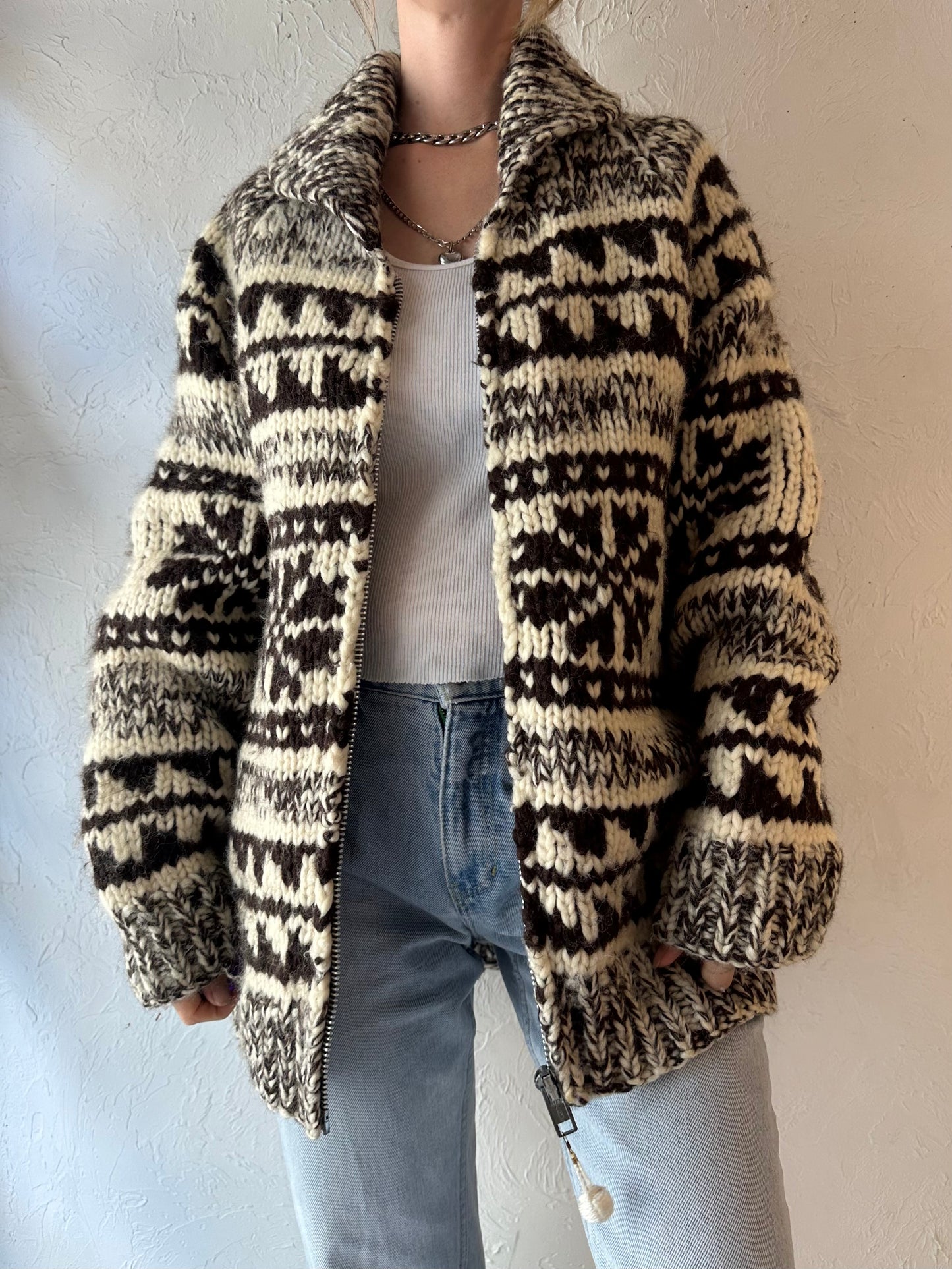 Vintage Hand Knit Chunky Wool Snowflake Sweater / XL