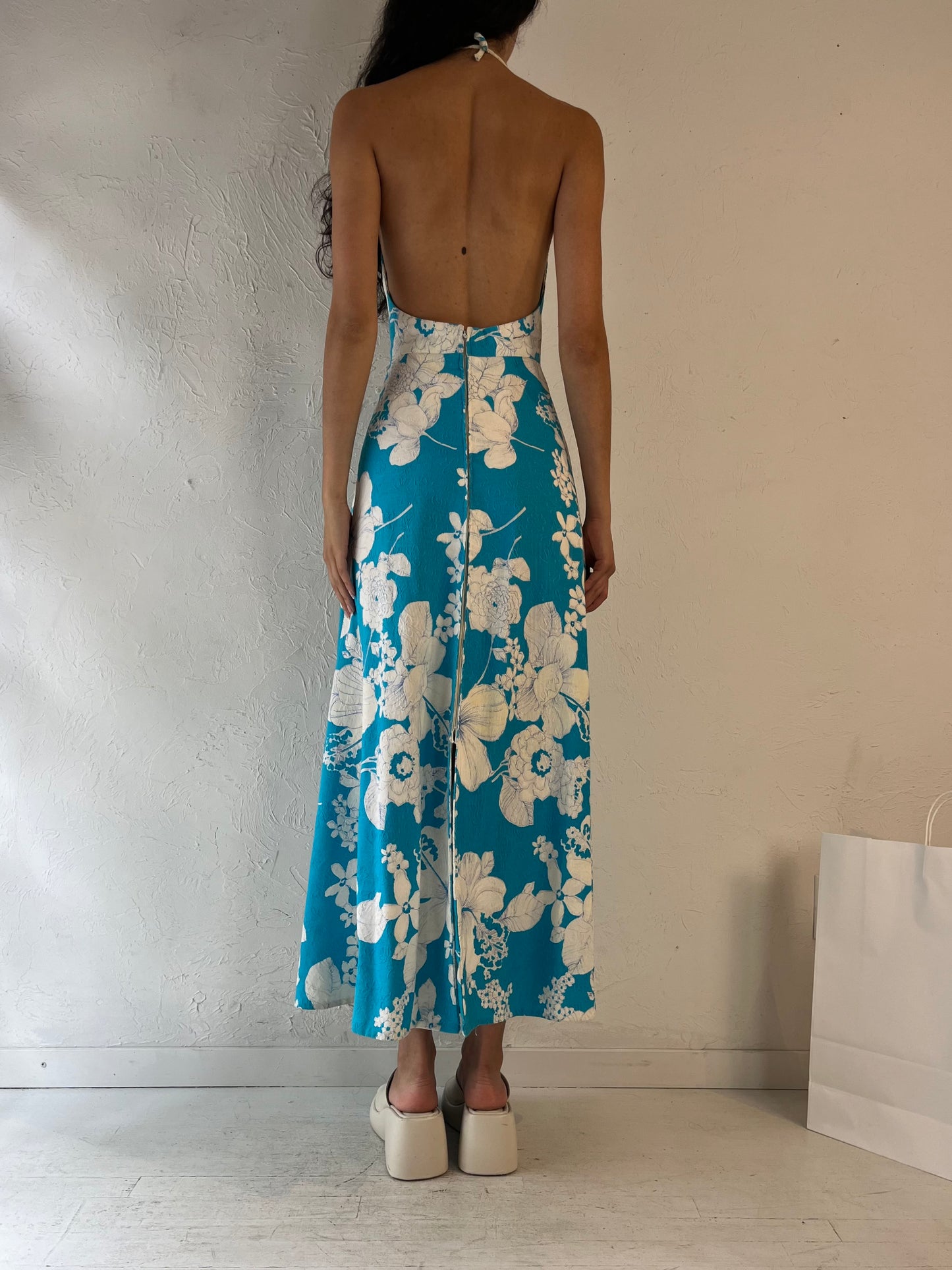 70s Handmade Blue Floral Halter Dress / Small