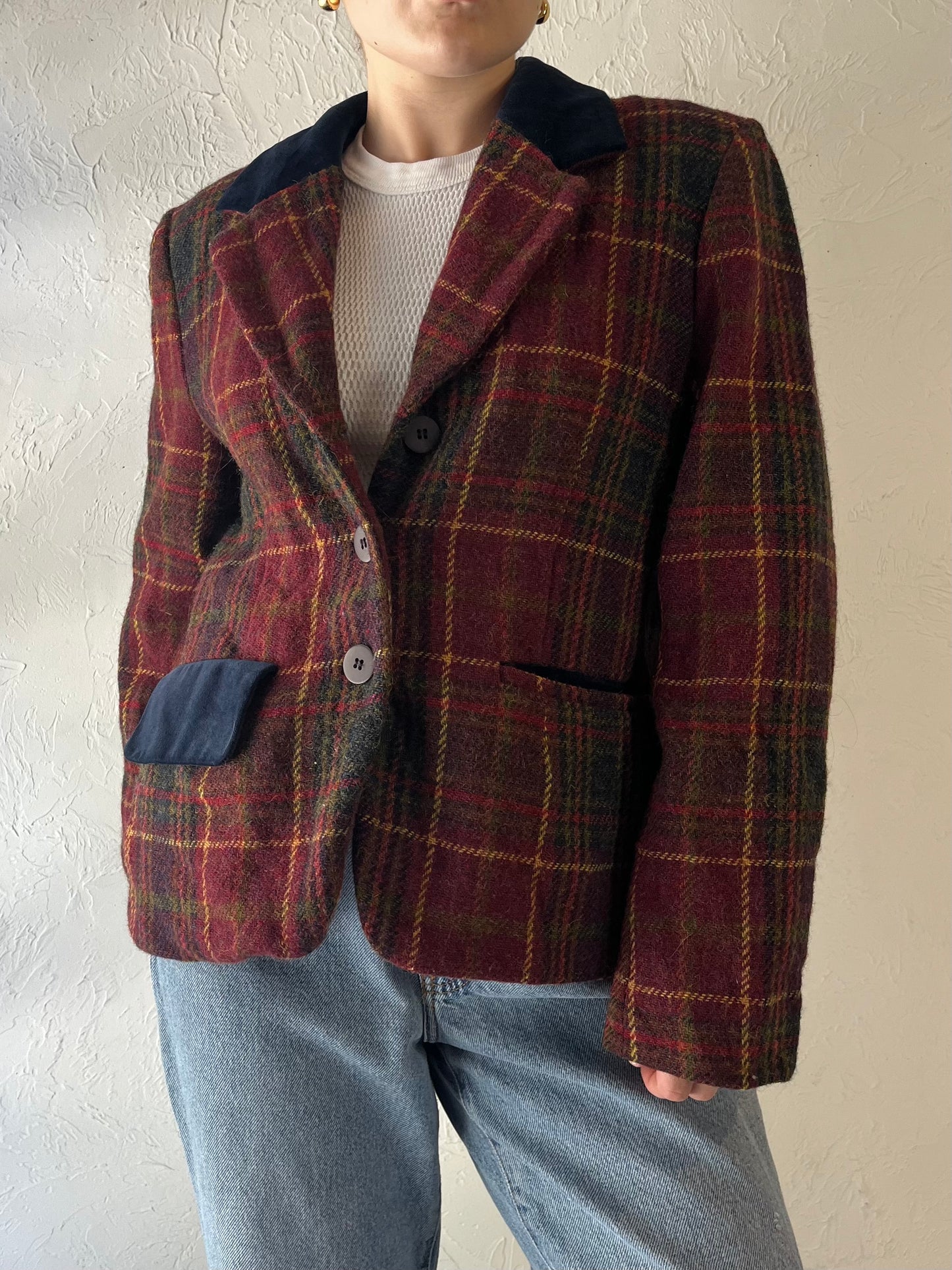 90s 'Jones New York' Knit Wool Plaid Blazer Jacket / Medium