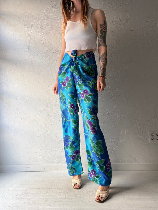 90s 'Jessica' Blue Floral Beach Pants / Medium