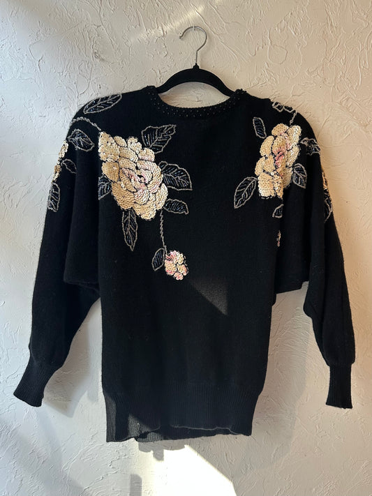 80s Black Floral Sequin Sweater