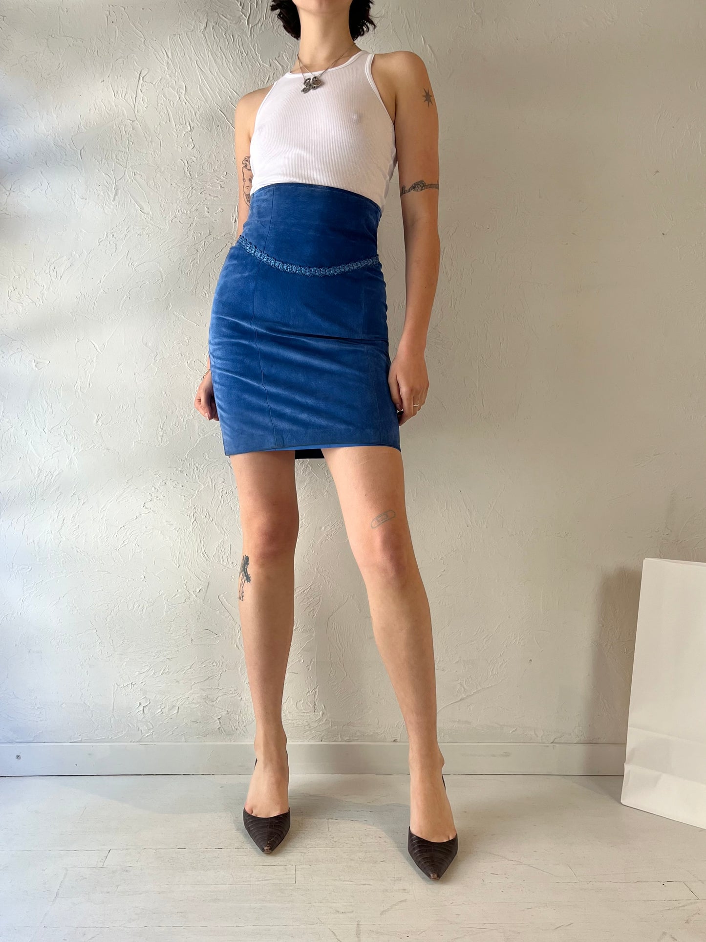 90s 'Danier' Blue Suede Pencil Skirt / Small