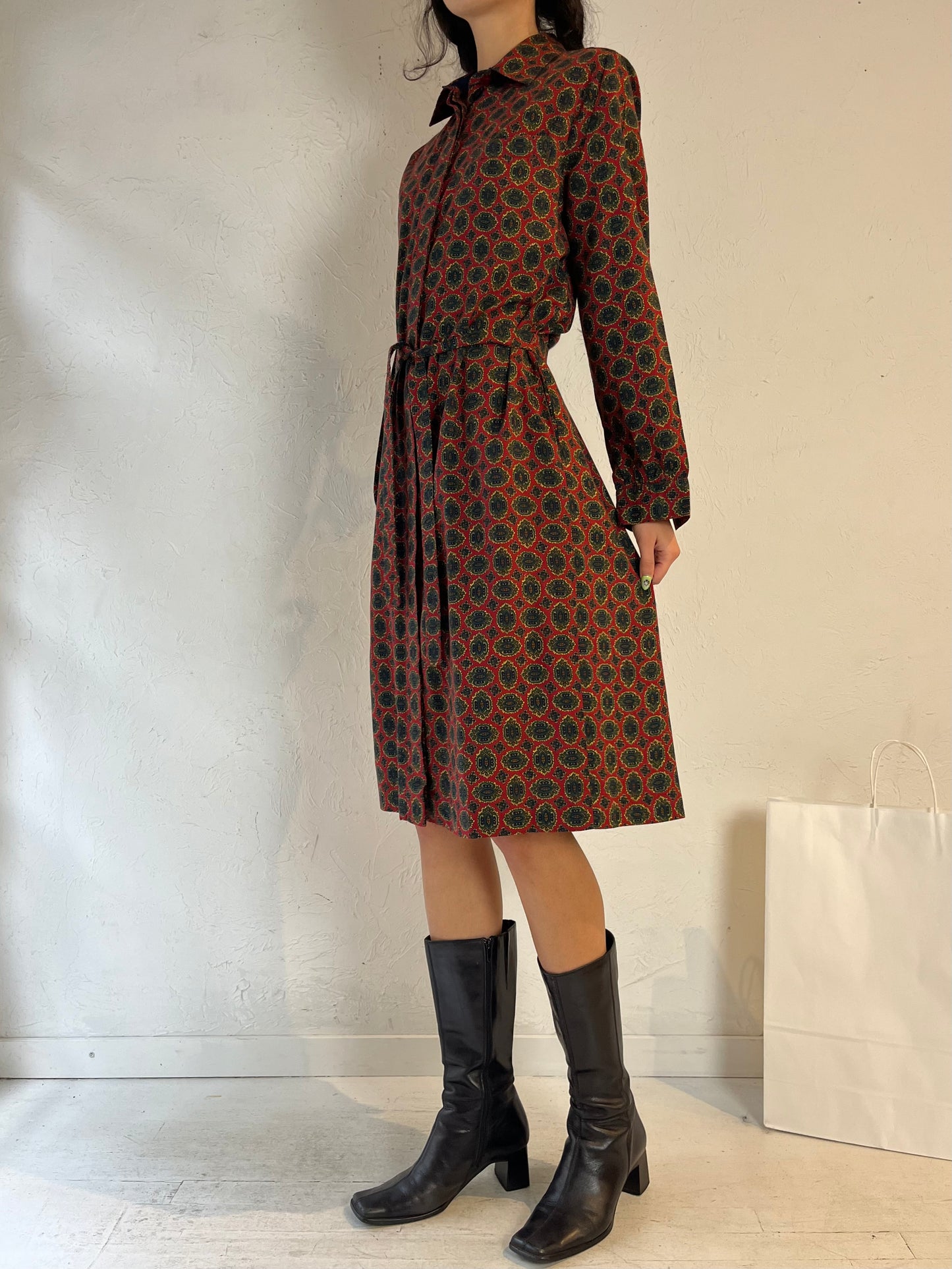 90s ‘Schrader’ Long Sleeve Patterned Midi Dress / Medium