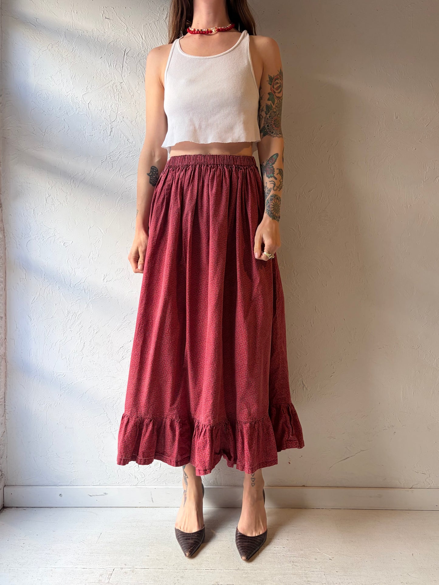 Vintage Handmade Red Floral Cottagecore Prairie Girl Skirt / Small - Medium