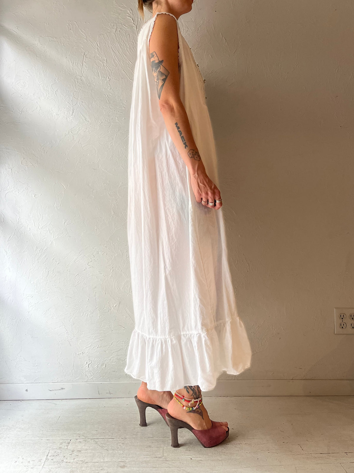 90s 'La Lingerie' White Cotton Nightgown Cottagecore Prairie Romantic Maxi Nighty Dress / Large