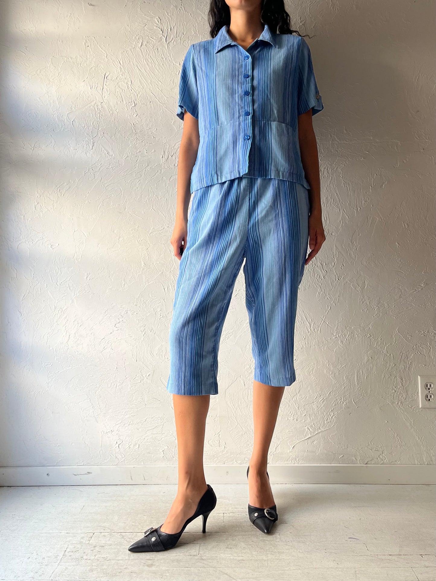 Vintage 'Alia' Blue Striped Two Piece Capri Set / Medium